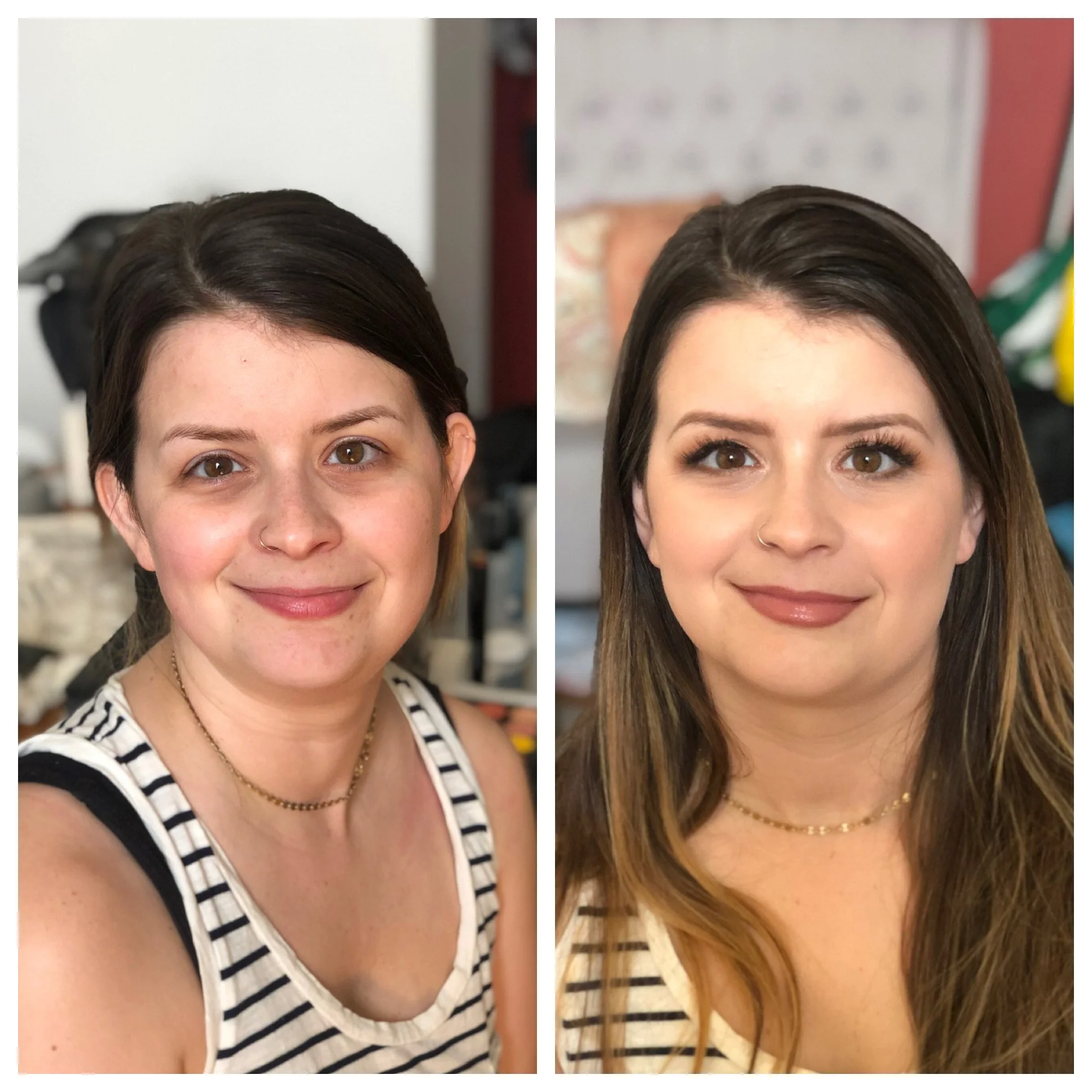 Wedding day confidence for this bride wearing a mauve lipstick, smoky eye with false lashes, and luminous dewy skin for her bridal trial in Burbank, California.