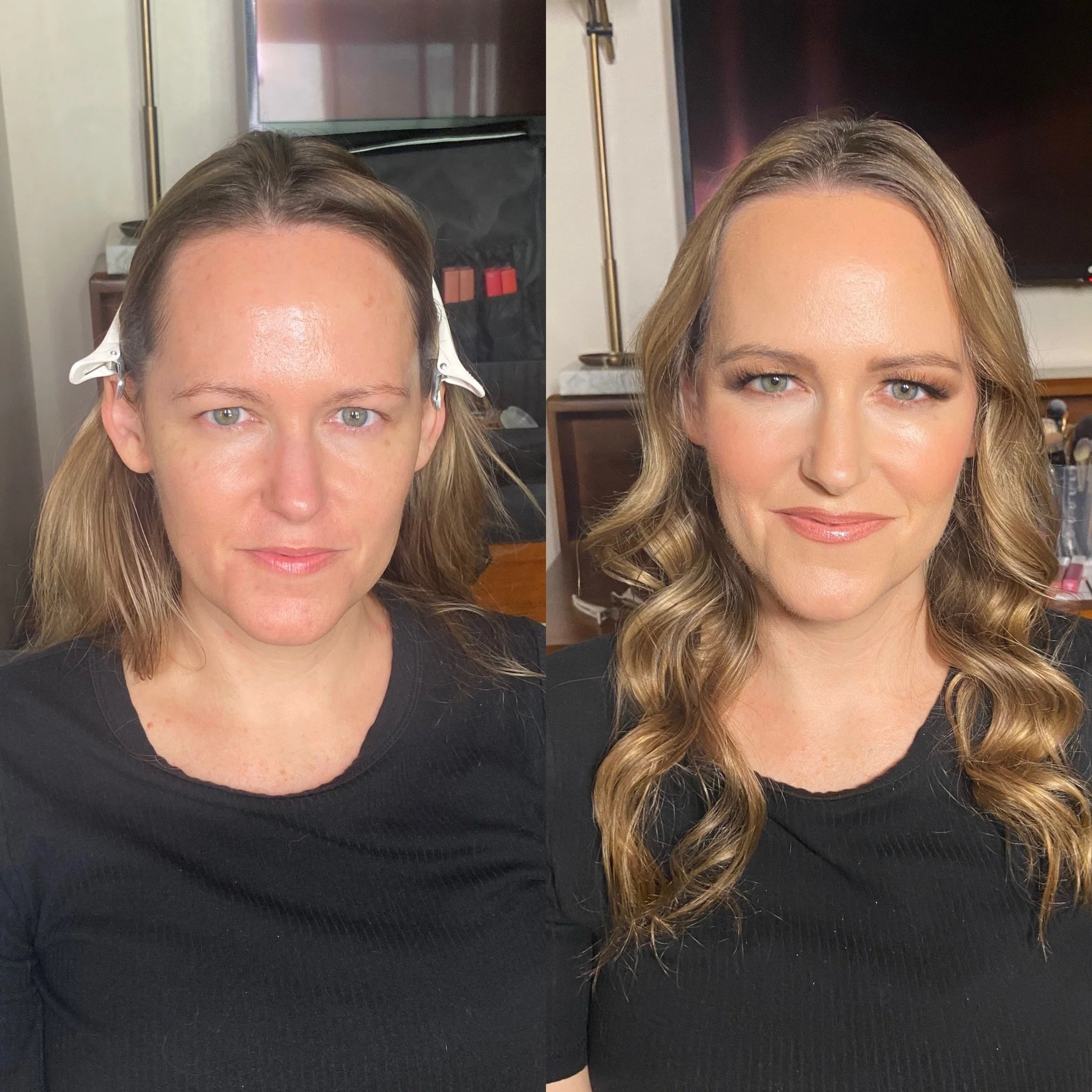 Blonde bride with soft waves captured in a stunning before-and-after makeup reveal, highlighting a luminous glow and delicate eye definition—crafted for Southern California weddings where timeless beauty meets effortless charm.