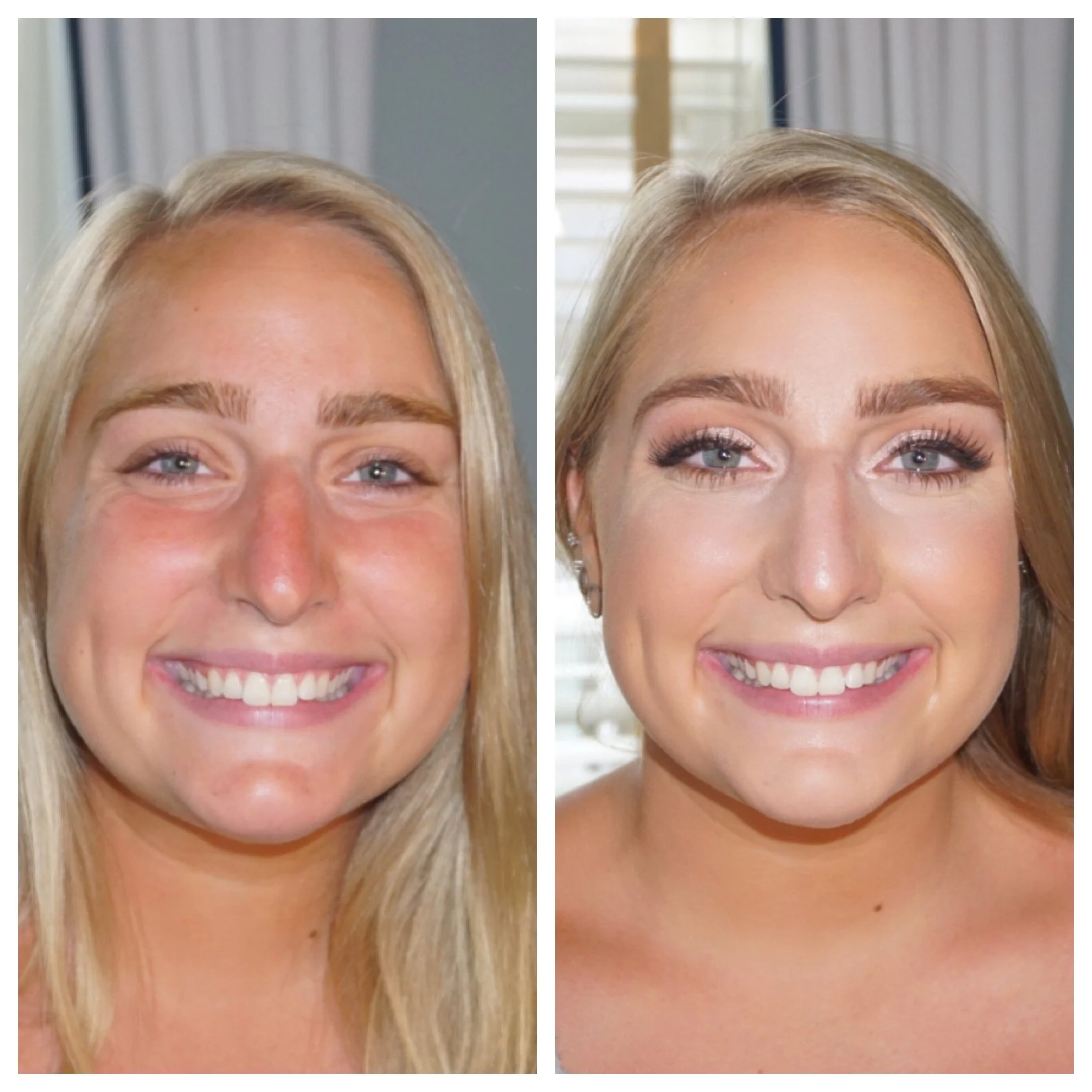 Blonde bride shown before and after a bridal makeup transformation, featuring a natural glow, flawless finish, and photo-ready look—perfect for Southern California brides seeking long-lasting, lightweight makeup that enhances their natural beauty on 