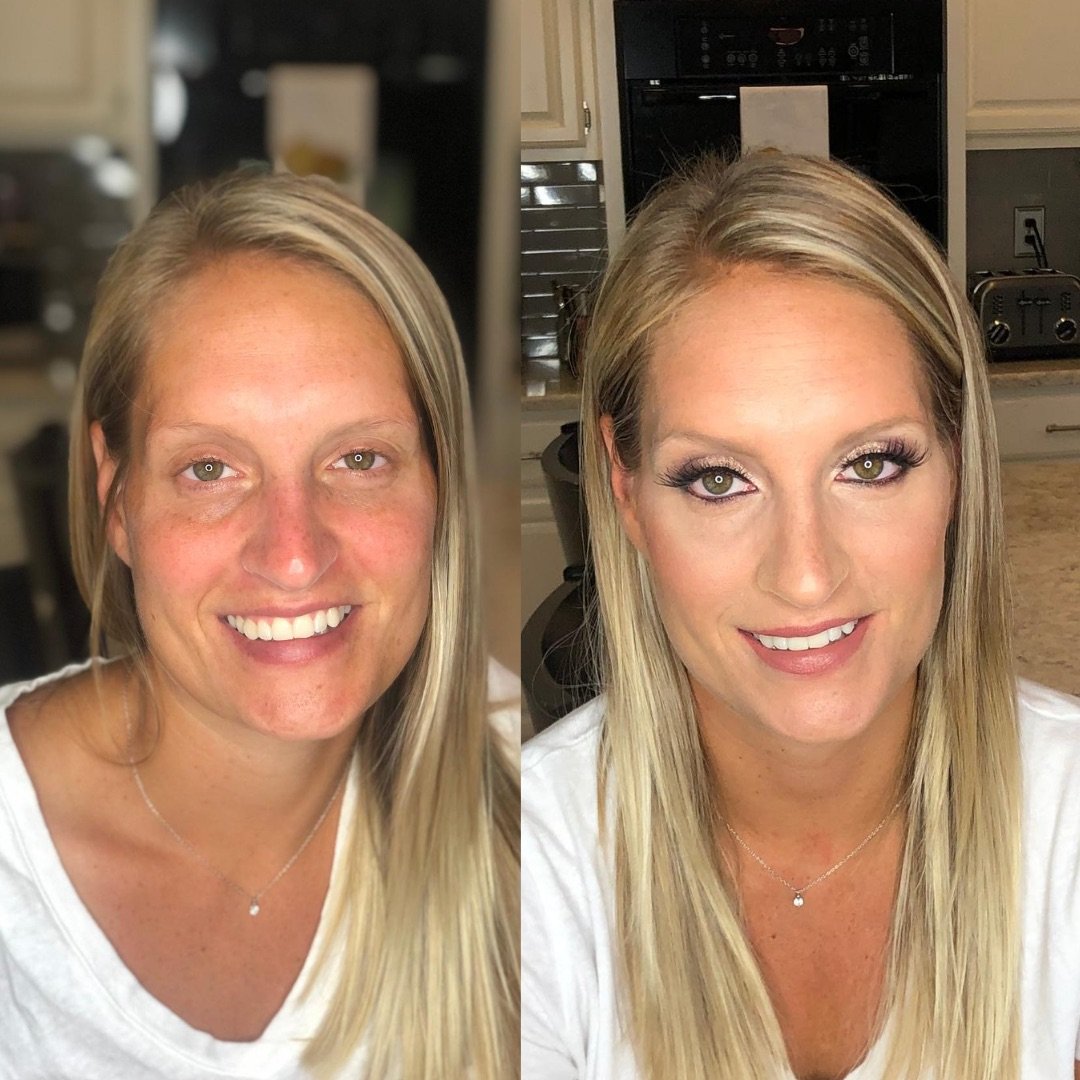 Blonde bride shown before and after makeup application, featuring a soft glam bridal look that enhances her natural beauty with glowing skin and subtle eye definition—wedding makeup transformation in Los Angeles.