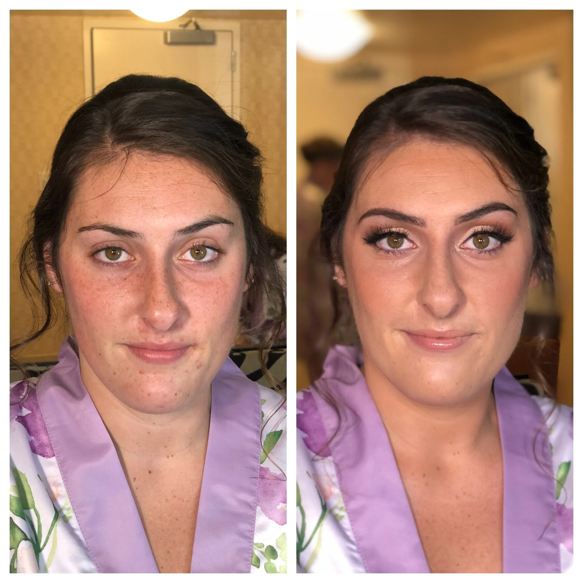 Bridesmaid with fresh, glowing makeup and dramatic defined eyes, with false lashes and gorgeous cat eye makeup. Glowy, tan, bronze foundation that stays put all day and looks amazing in photos. Glamorous bridal makeup in Northridge, California. 