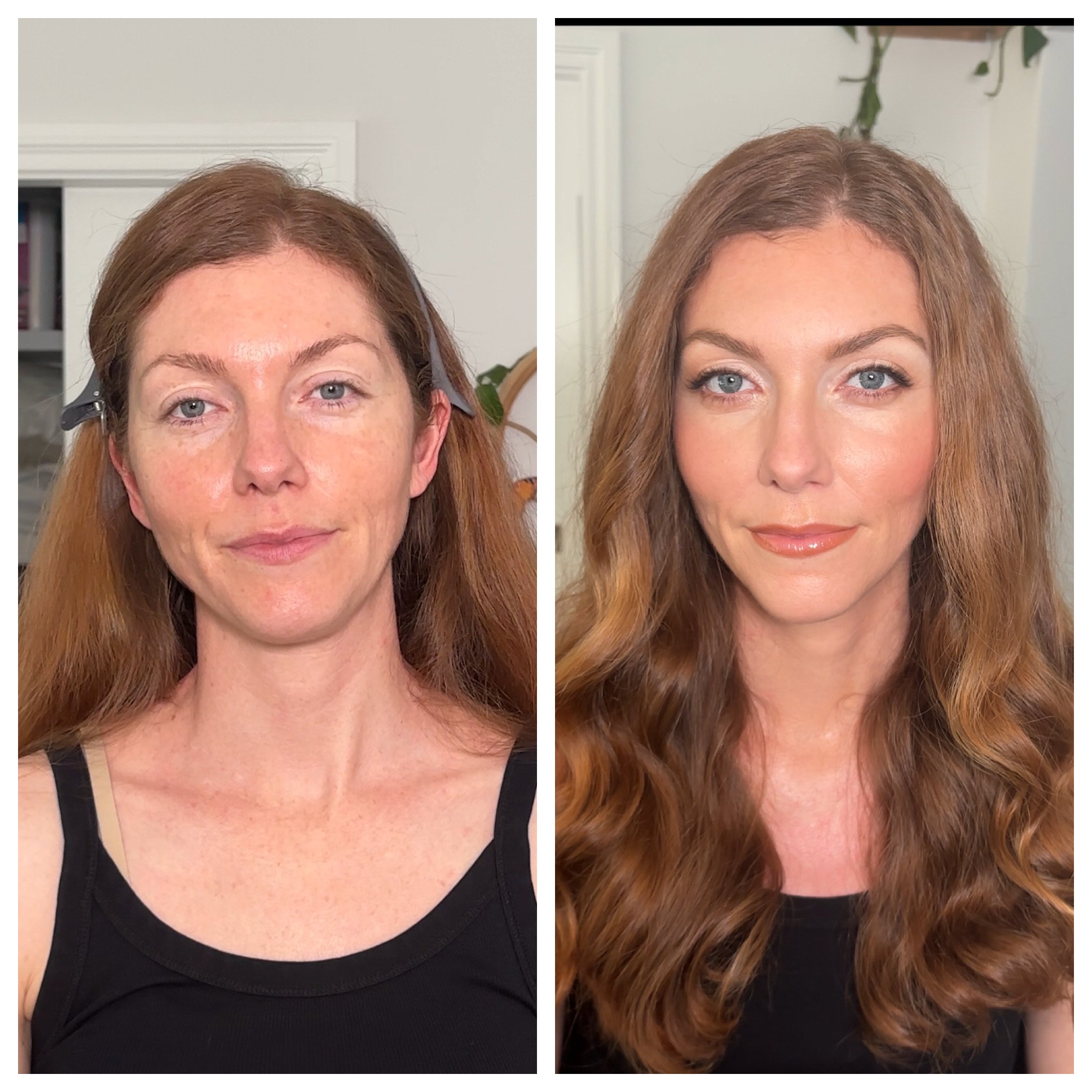 Redhead bride shown before and after makeup application, featuring a romantic transformation with warm, glowing skin and softly defined eyes—perfect for brides in Southern California seeking a timeless look that shines on their wedding day.