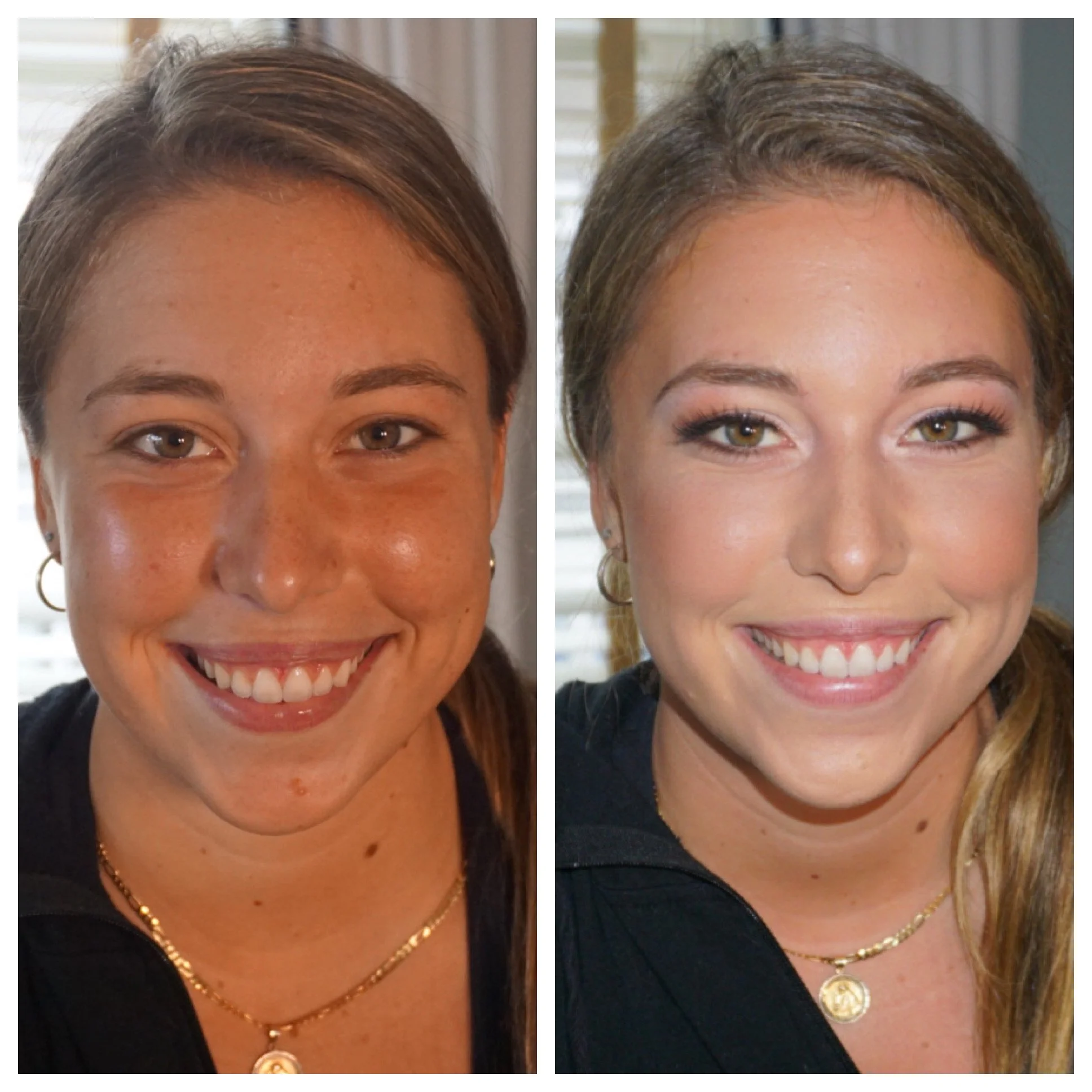 Side-by-side before and after of a smiling brunette with golden-toned skin, featuring a soft and romantic bridal makeup look. Her enhanced complexion, rosy cheeks, defined eyes, and natural lashes create a timeless glow perfect for outdoor Southern C