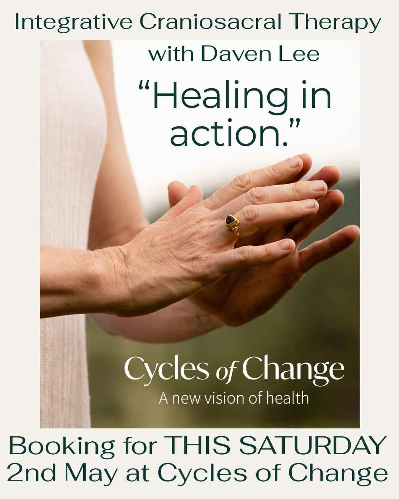 I love being part of the integrative healing team at the beautiful @cyclesofchange - and I&rsquo;ll be there this Saturday!

Two appointment spots remain for my guest practitioner sessions at @cyclesofchange on 2nd May:

>>1:30pm
>>3:30pm