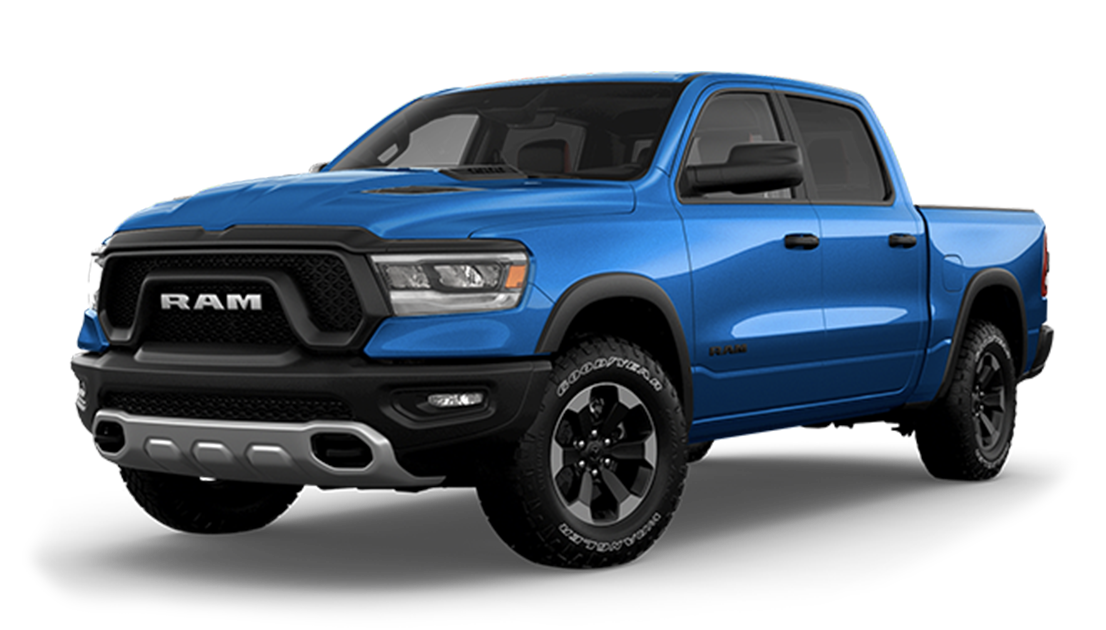 Blue RAM pickup truck with black grille, black wheels, and gray accents on the bumper.