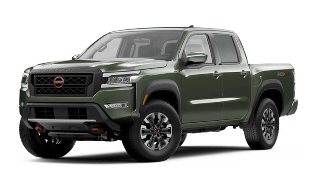 A green pickup truck with four doors, black grille, and black wheels.