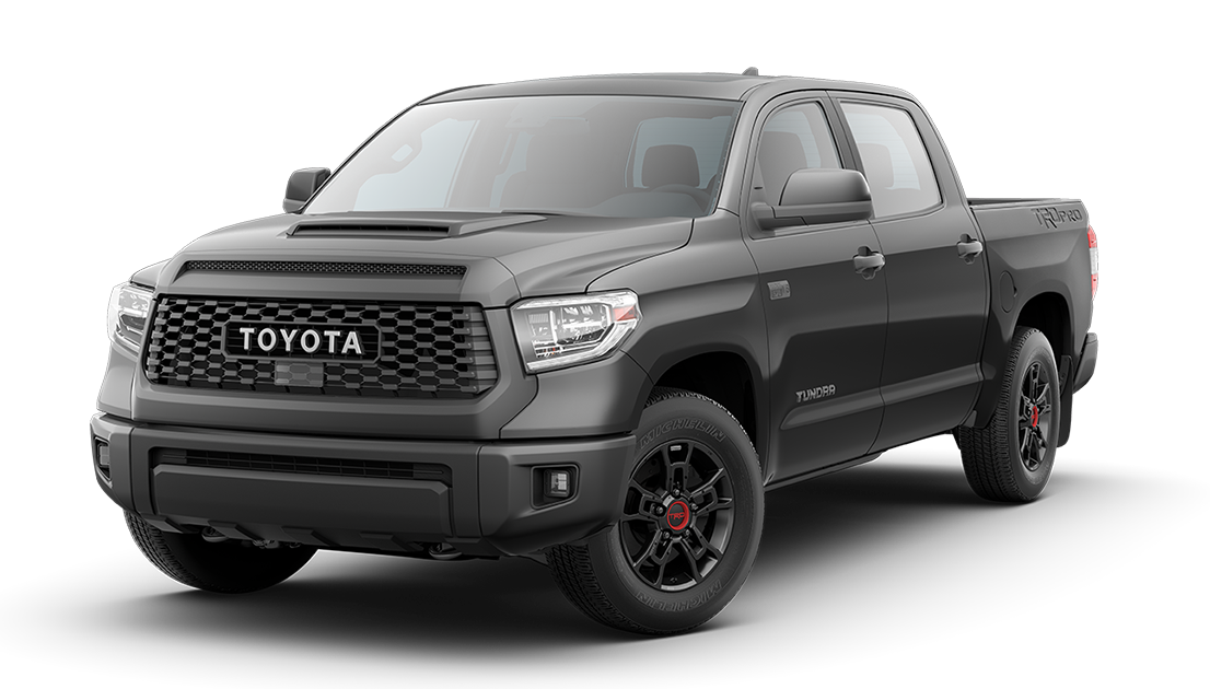 A black Toyota Tundra pickup truck with black wheels, gray accents, and the Toyota logo on the front grille