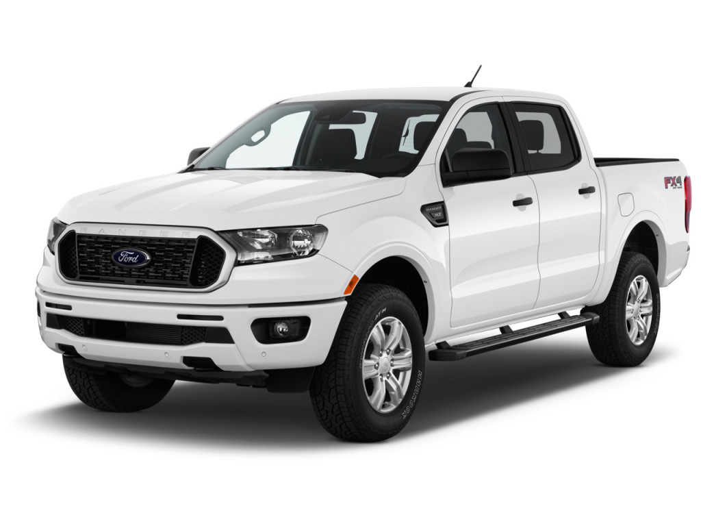 White Ford Ranger pickup truck with four doors and black side mirrors, parked against a white background.