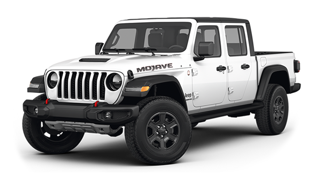 White Jeep Gladiator Mojave pickup truck with black tires and black accents