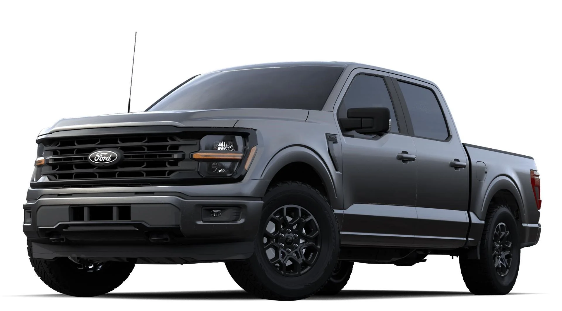 Gray Ford F-150 pickup truck with black wheels and tinted windows on a white background.