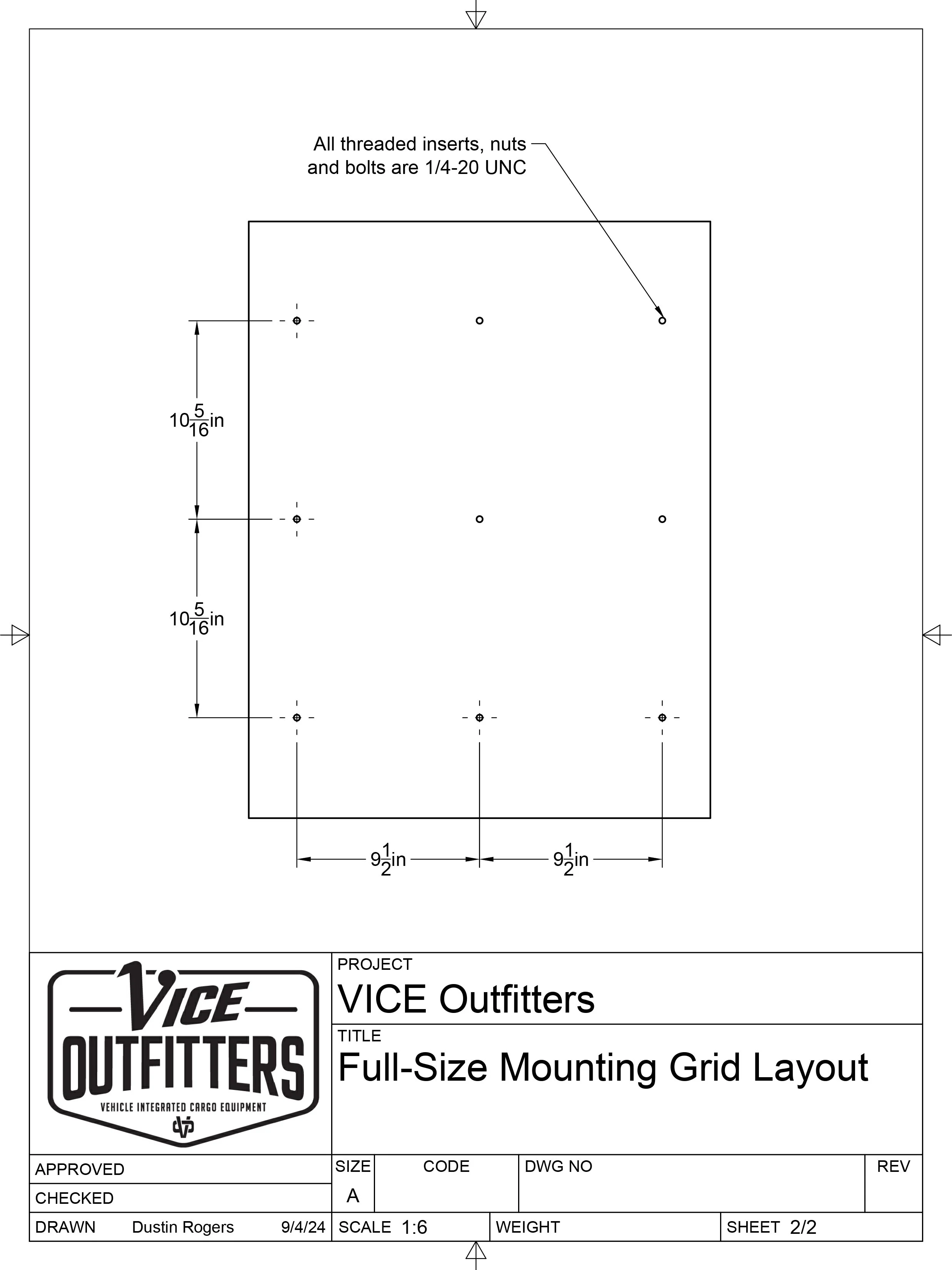 Technical drawing of a full-size mounting grid layout for VICE Outfitters, showing dimensions and hole placements with annotations for bolts and nuts.