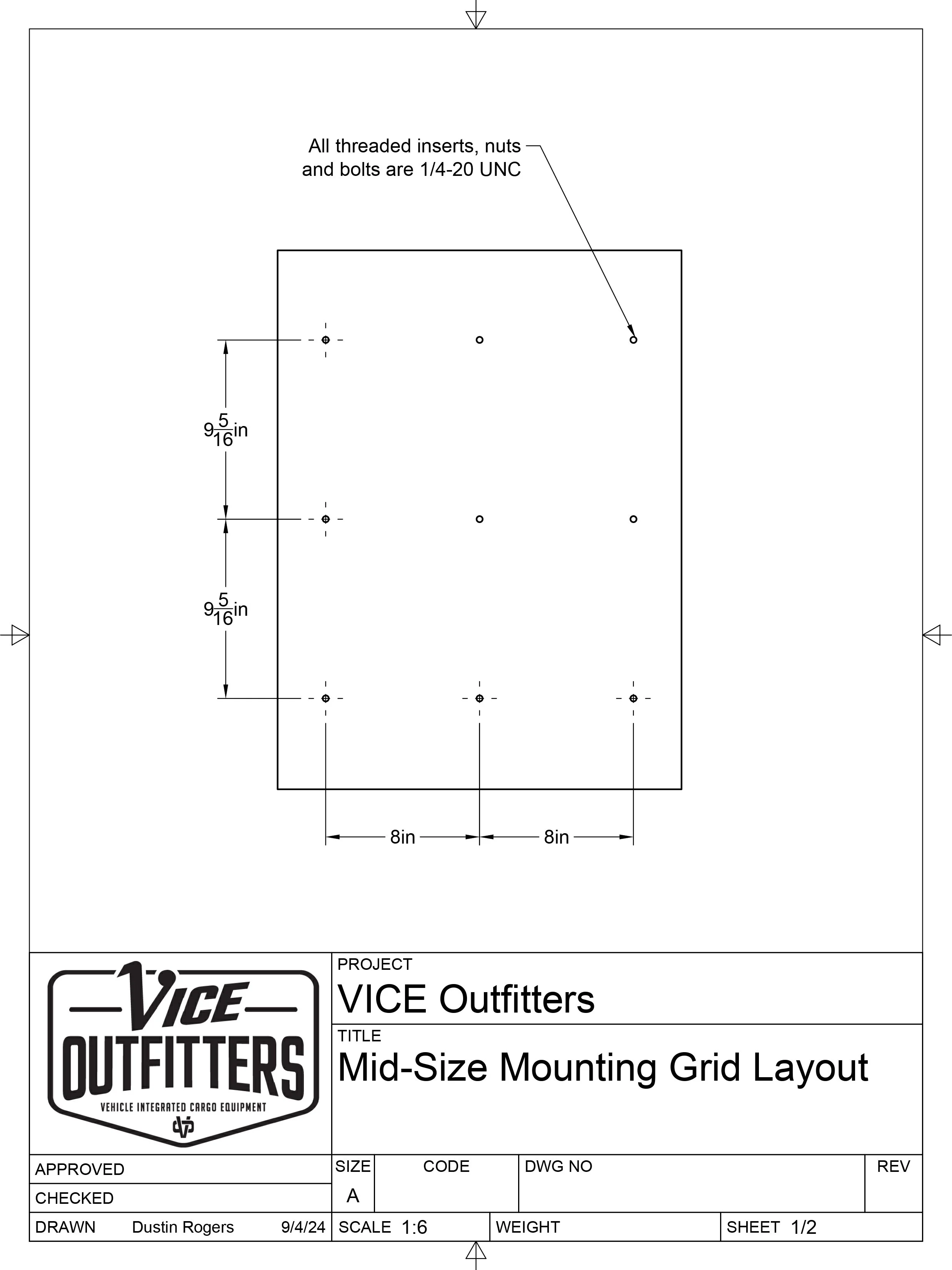 Technical drawing of a mid-size mounting grid layout for VICE Outfitters, showing dimensions and hole placements with annotations for bolts and nuts.