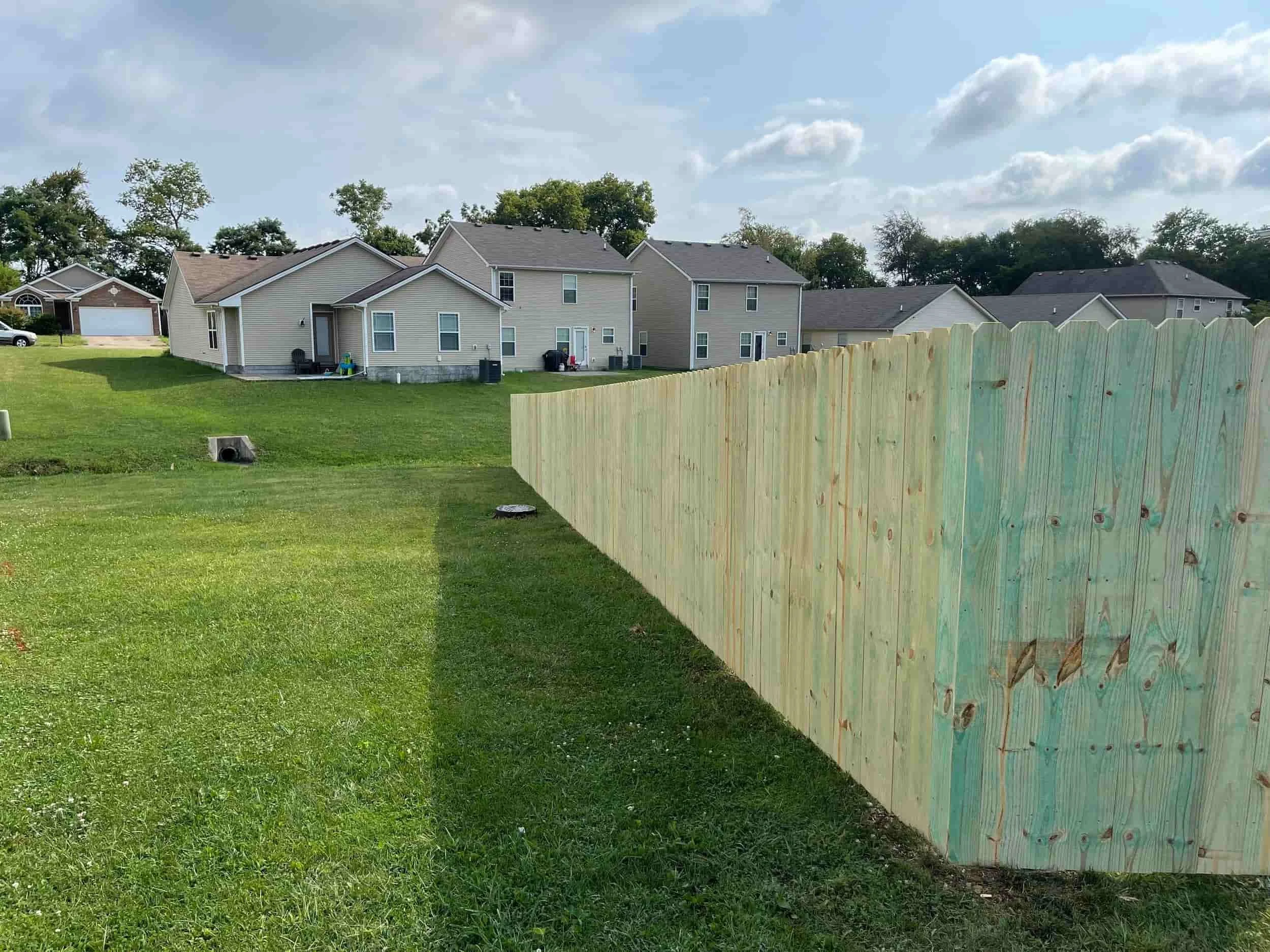 A backyard scene with a green lawn, a light-colored wooden fence on the right, and several two-story houses with gray and tan siding and dark roofs in the background. The sky is partly cloudy with blue patches.