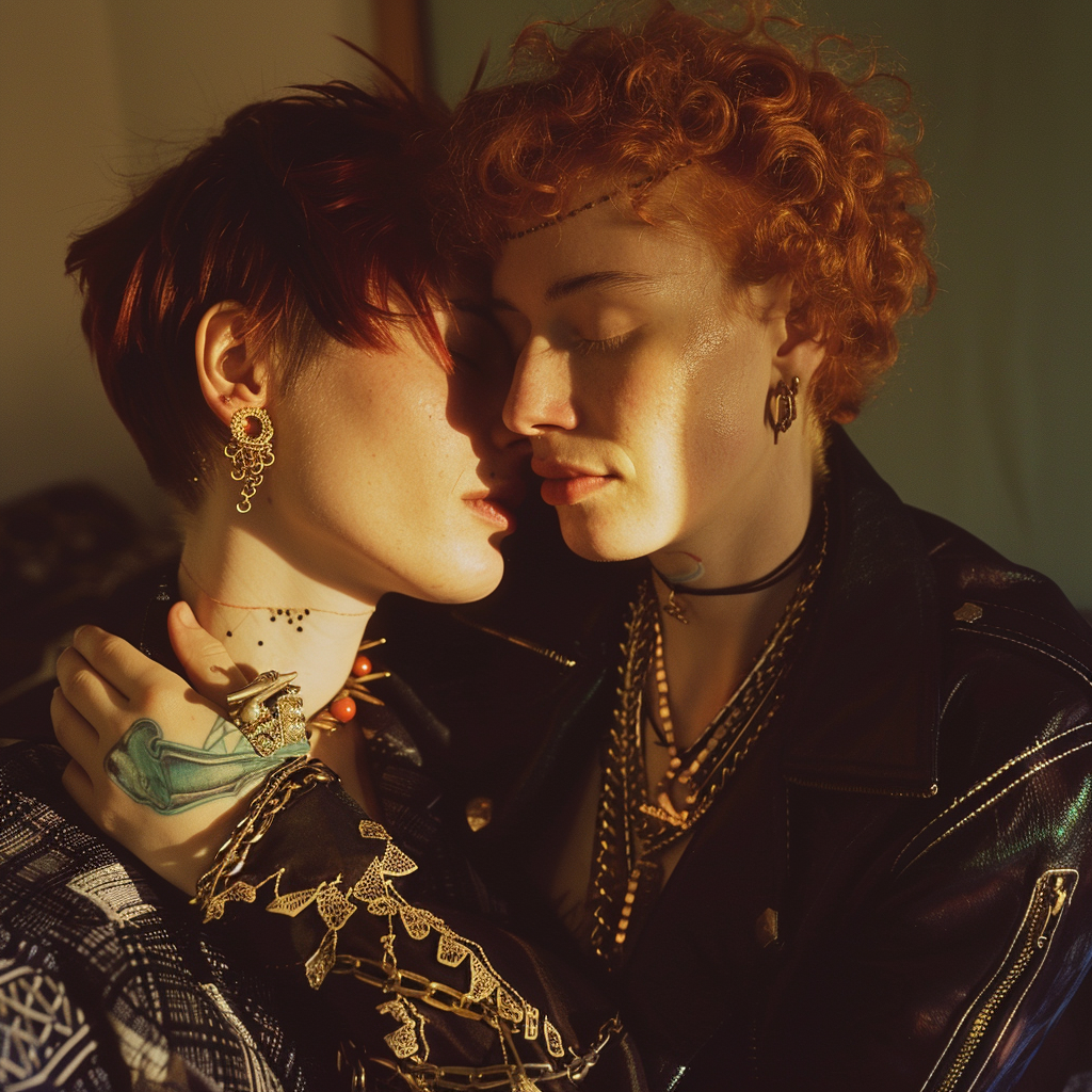 Two non-binary individuals in a sensual embrace