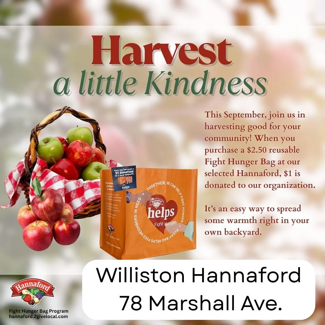 All month long thanks to Hannaford in Williston, we will be receiving $1 from every Fight Hunger bag sold! Purchasing one of these bags helps the food shelf!

🌈 Richmond Food Shelf and Thrift Store hours:
Thursday 4-6
Friday 1-5
Saturday 10-1
Tuesda