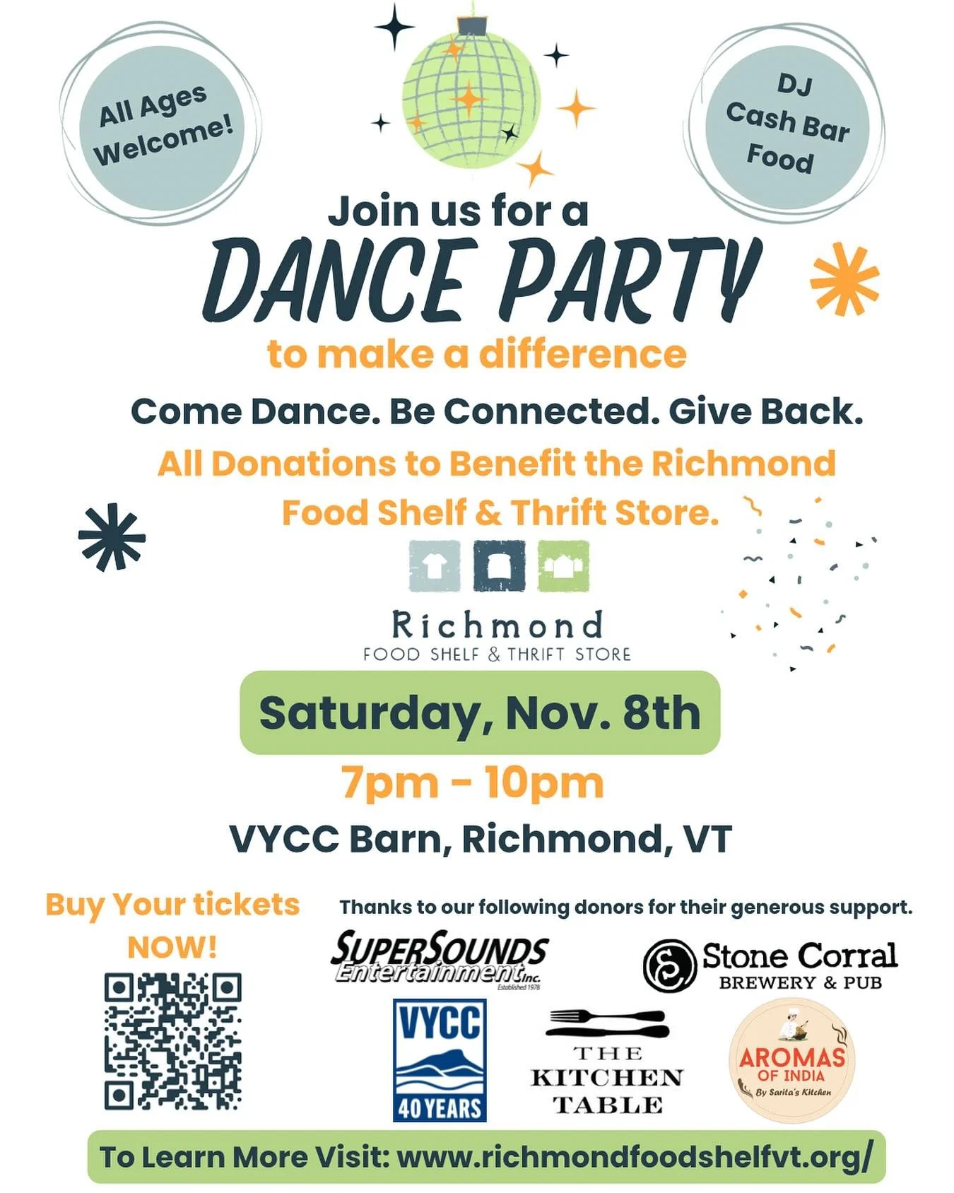 ✨Get ready to dance for a cause!✨

Join us Saturday, Nov. 8th from 7&ndash;10pm at the VYCC Barn in Richmond for a night of music, connection, and giving back. 💃🕺

🎶 DJ &bull; 🍸 Cash Bar &bull; 🍴 Food &bull; 💛 All ages welcome!

All proceeds be
