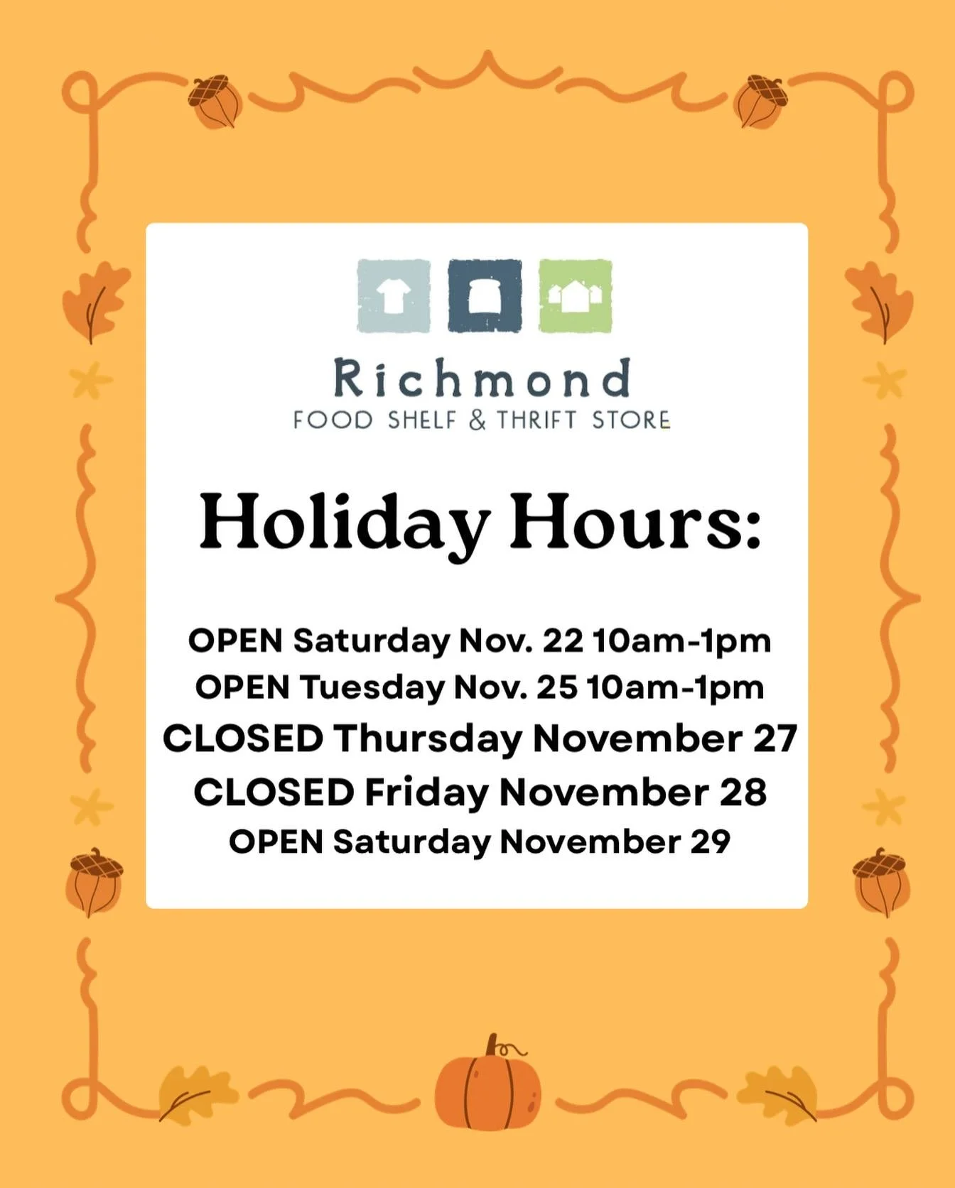 We will be closed this upcoming Thursday (11/27) and Friday (11/28). Wishing you all a warm and peaceful holiday! We are so grateful for the continued generosity of our community to continue feeding our neighbors. Thank you for supporting the Richmon