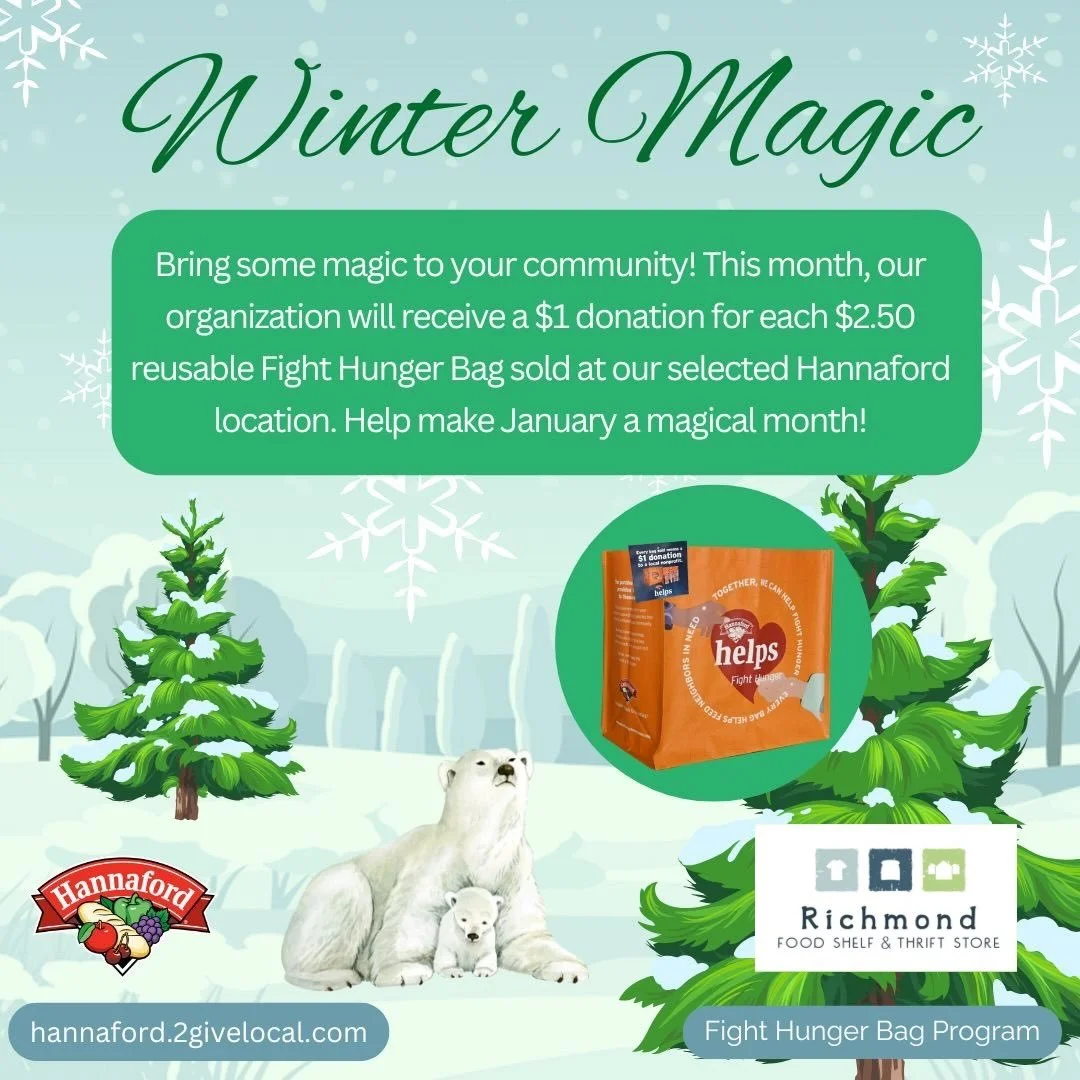 All month long thanks to Hannaford in Williston, we will be receiving $1 from every Fight Hunger bag sold! Purchasing one of these bags helps the food shelf!

RFS Hours ⭐️
Tues 10-1
Thur 4-6
Fri 1-5
Sat 10-1

Thank you for supporting the food shelf!
