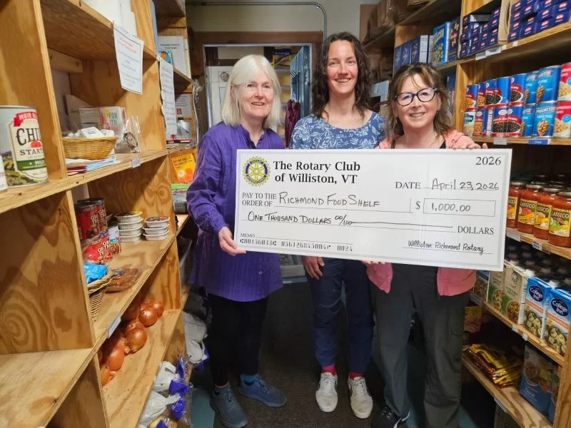 Thank you to the Williston-Richmond Rotary Club for your continued support! We are grateful to have received a $1,000 grant from the club to help support food purchases. 💗

Pictured from left is Peggy Curtis, volunteer; MJ Patchett, RFS Executive Di