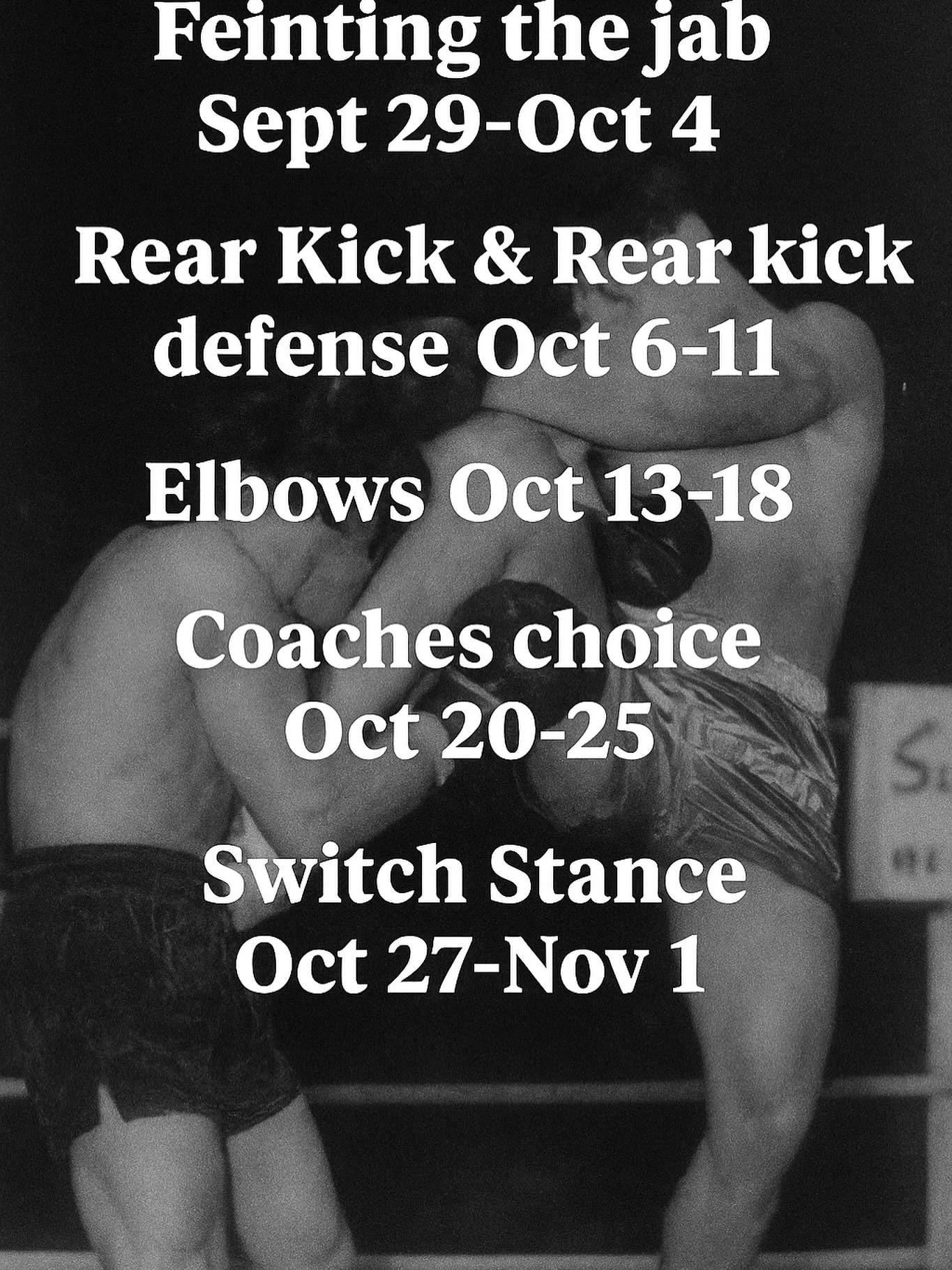 This months lessons are as follows, please come and train. Consistency is key and you can get much better by focusing on individual movements for longer periods of time 🙏🏻