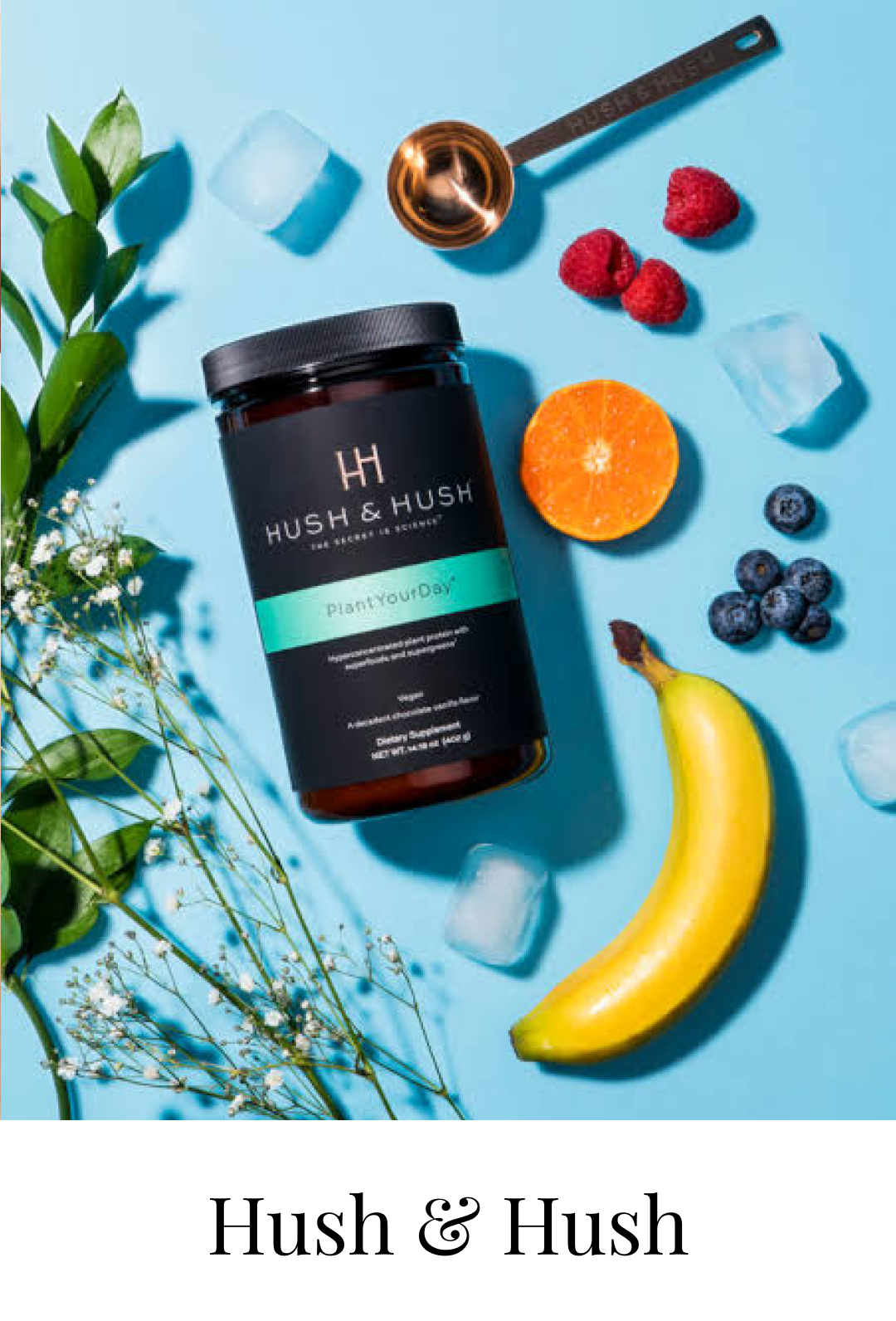 A bottle of Hush & Hush dietary supplement with fresh fruits including raspberries, blueberries, a banana, and an orange slice, ice cubes, a copper measuring spoon, and green leaves on a light blue background.