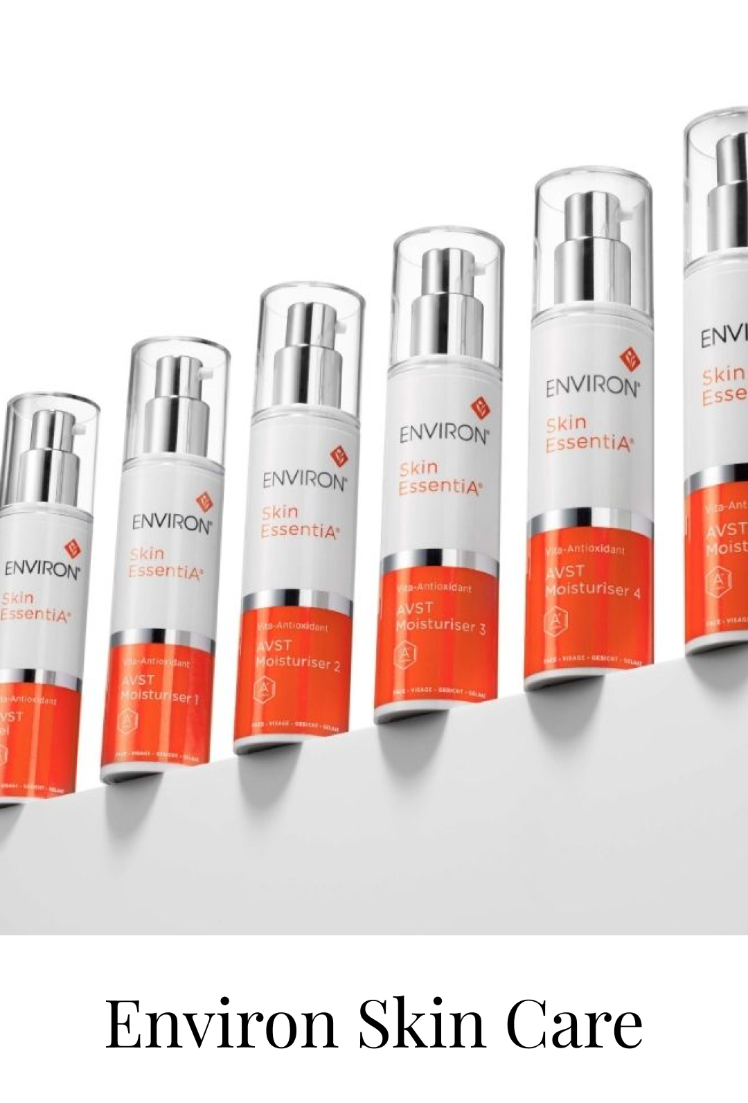 A line of skincare bottles labeled 'Environ Skin Essentials' with different numbered moisturizers.