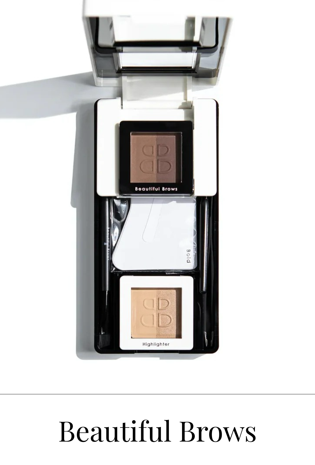 Open makeup palette with brown eyeshadow, beige highlighter, and a mirror, labeled 'Beautiful Brows' and 'Highlighter', with makeup brushes included.
