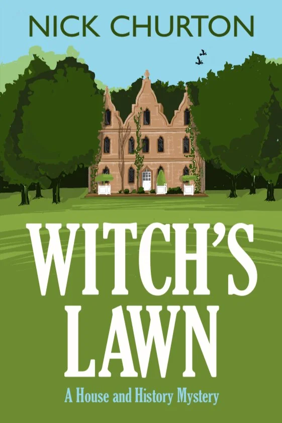 Book cover titled 'Witch's Lawn' by Nick Churton, featuring an illustration of a large, old mansion surrounded by green trees and a lawn, with birds flying in the sky.