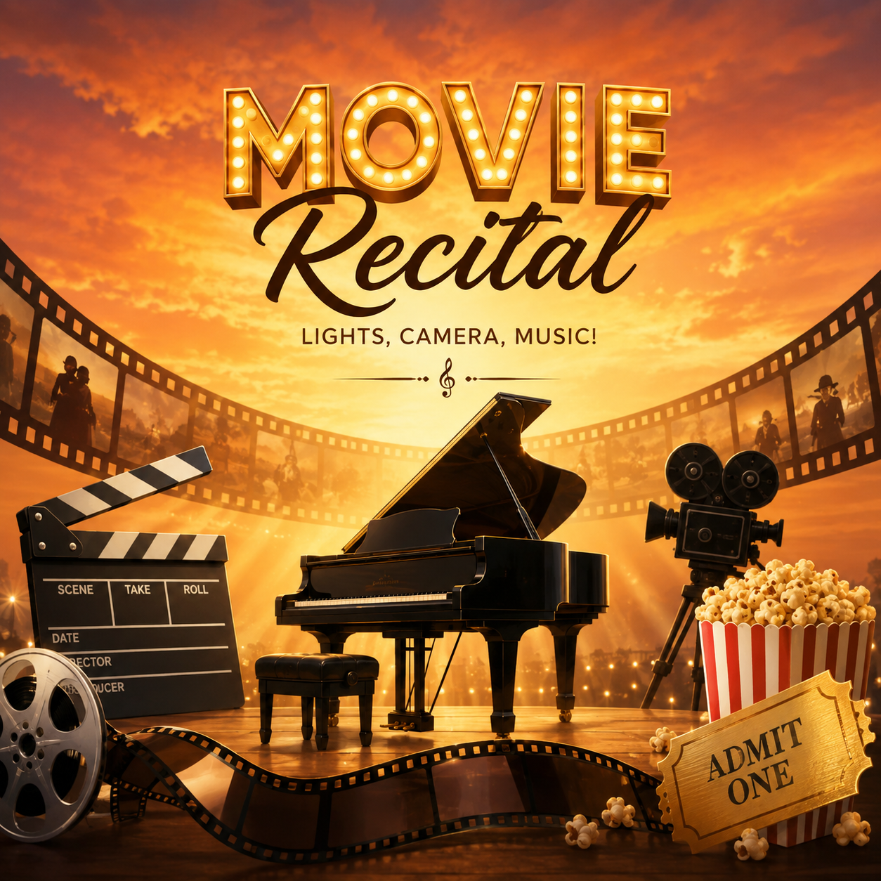 A promotional image for a movie recital with a sunset sky background, featuring a grand piano, film clapperboard, vintage film camera, popcorn, and an 'Admit One' ticket, with a film strip and silhouettes of dancers.