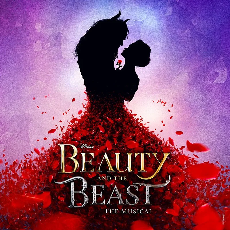 Silhouette of Belle holding Beast, with a background of red petals and purple hues, promoting Disney's Beauty and the Beast the musical.