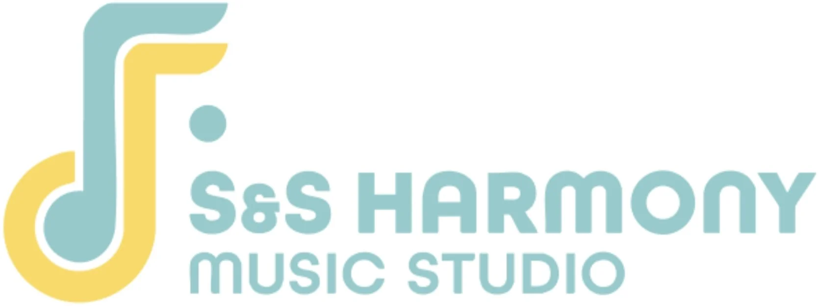 Logo of S&S Harmony Music Studio featuring a stylized musical note in light blue and yellow, with the studio's name written to the right in matching colors.