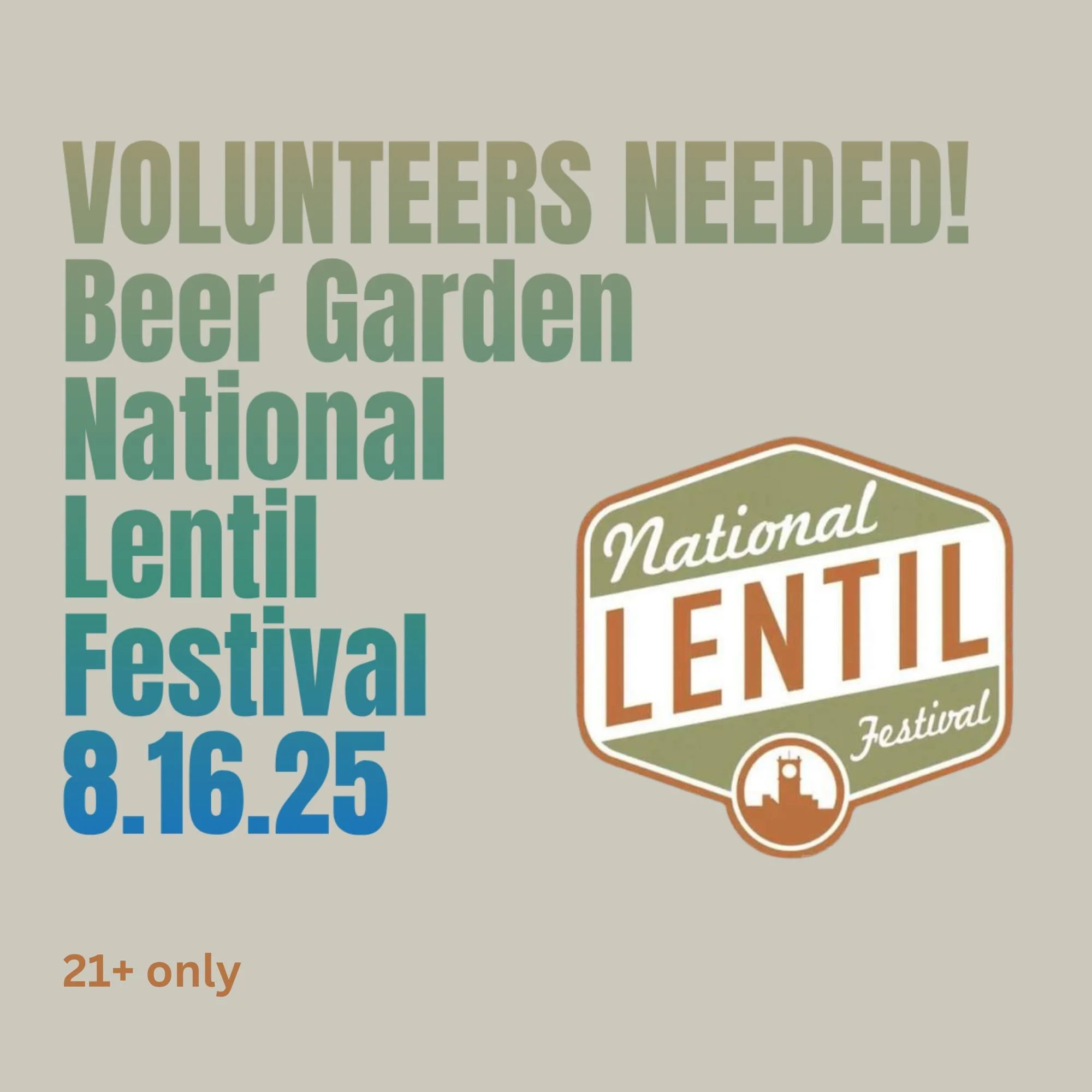 🍻 VOLUNTEERS NEEDED! 🍻
WCHS is once again staffing the Beer Garden at the National Lentil Festival on August 16, 2025 &mdash; and we need YOU!

This is one of our biggest annual fundraisers and the more volunteers we have, the more funds we raise f