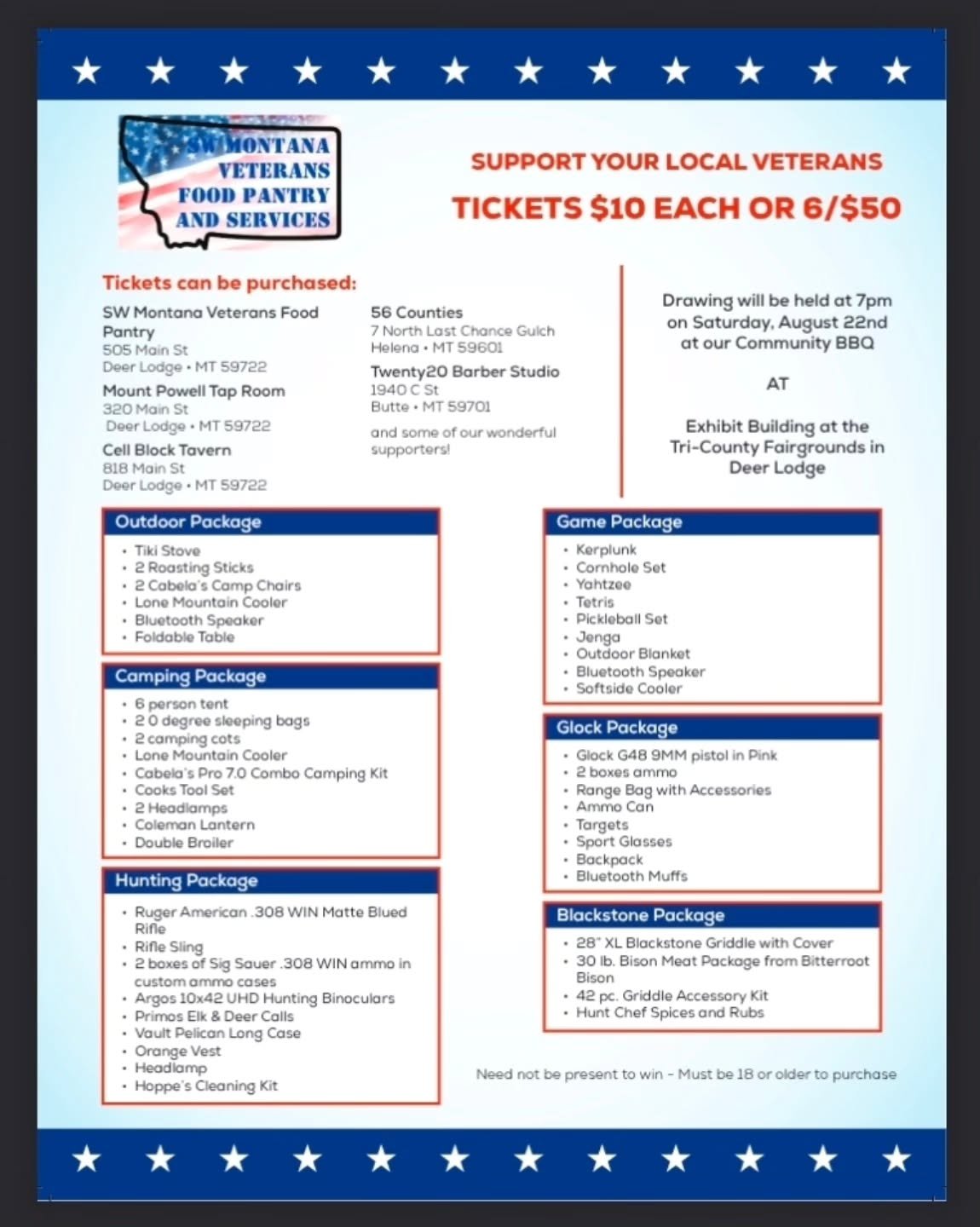 🎟️🇺🇸 OUR BIG RAFFLE IS UNDERWAY! 🇺🇸🎟️

Support your local veterans while getting a chance to win some AMAZING prize packages! 

Every ticket purchased helps the SW Montana Veterans Food Pantry &amp; Services continue providing food, support ser