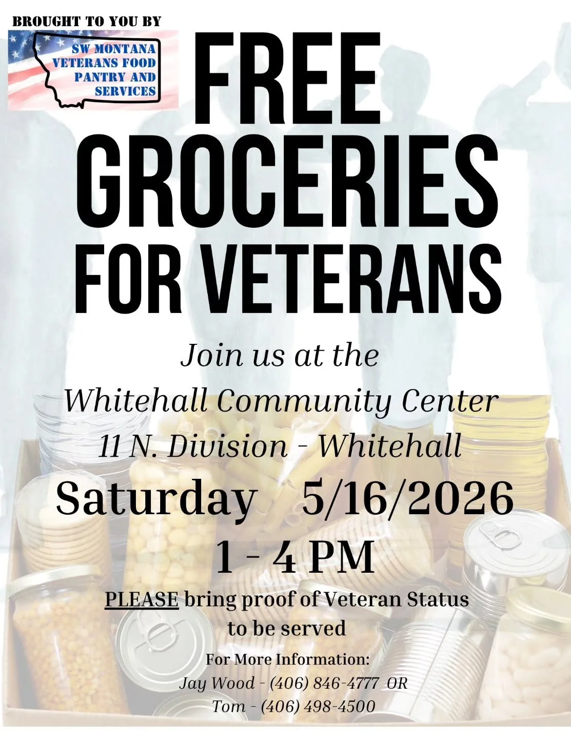 🇺🇸 WHITEHALL VETERANS &mdash; TODAY&rsquo;S THE DAY! 🇺🇸

We&rsquo;re headed your direction and bringing 1,535 pounds of food to support our local veterans and their families! ❤️🤍💙

The SW Montana Veterans Food Pantry &amp; Services will be at t