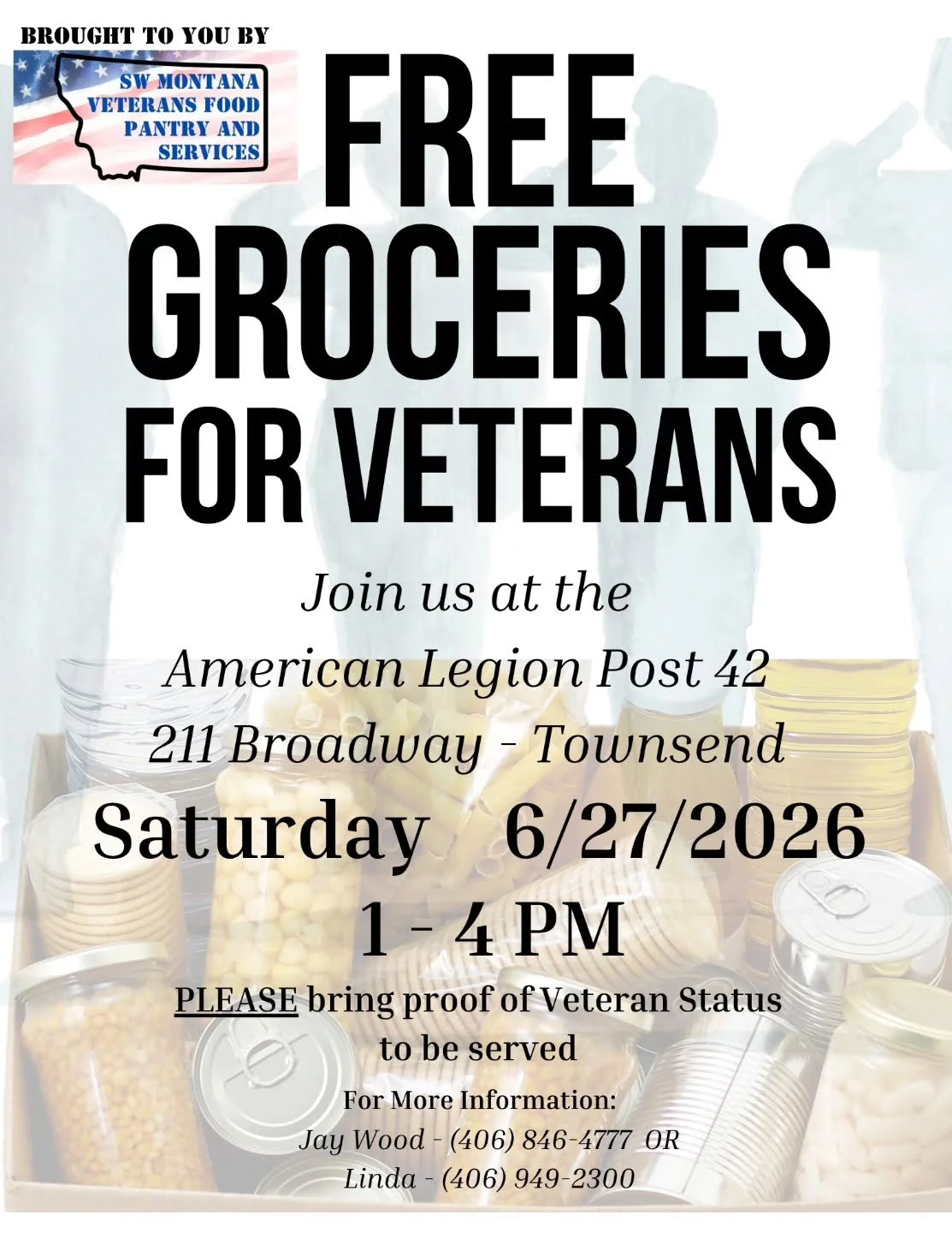 🇺🇸 VETERANS &mdash; WE&rsquo;RE COMING TO TOWNSEND! 🇺🇸

Are you a Veteran or military family in the Townsend area needing a little extra support? 

Please join us for a FREE Grocery Giveaway for Veterans hosted by SW Montana Veterans Food Pantry 