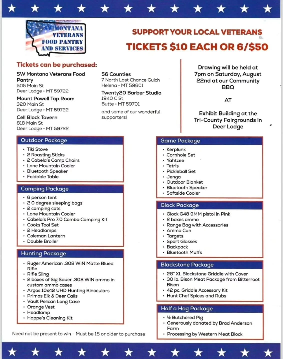 🎟️🇺🇸 OUR BIG RAFFLE IS UNDERWAY! 🇺🇸🎟️

Support your local veterans while getting a chance to win some AMAZING prize packages! Every ticket purchased helps the SW Montana Veterans Food Pantry &amp; Services continue providing food, support servi