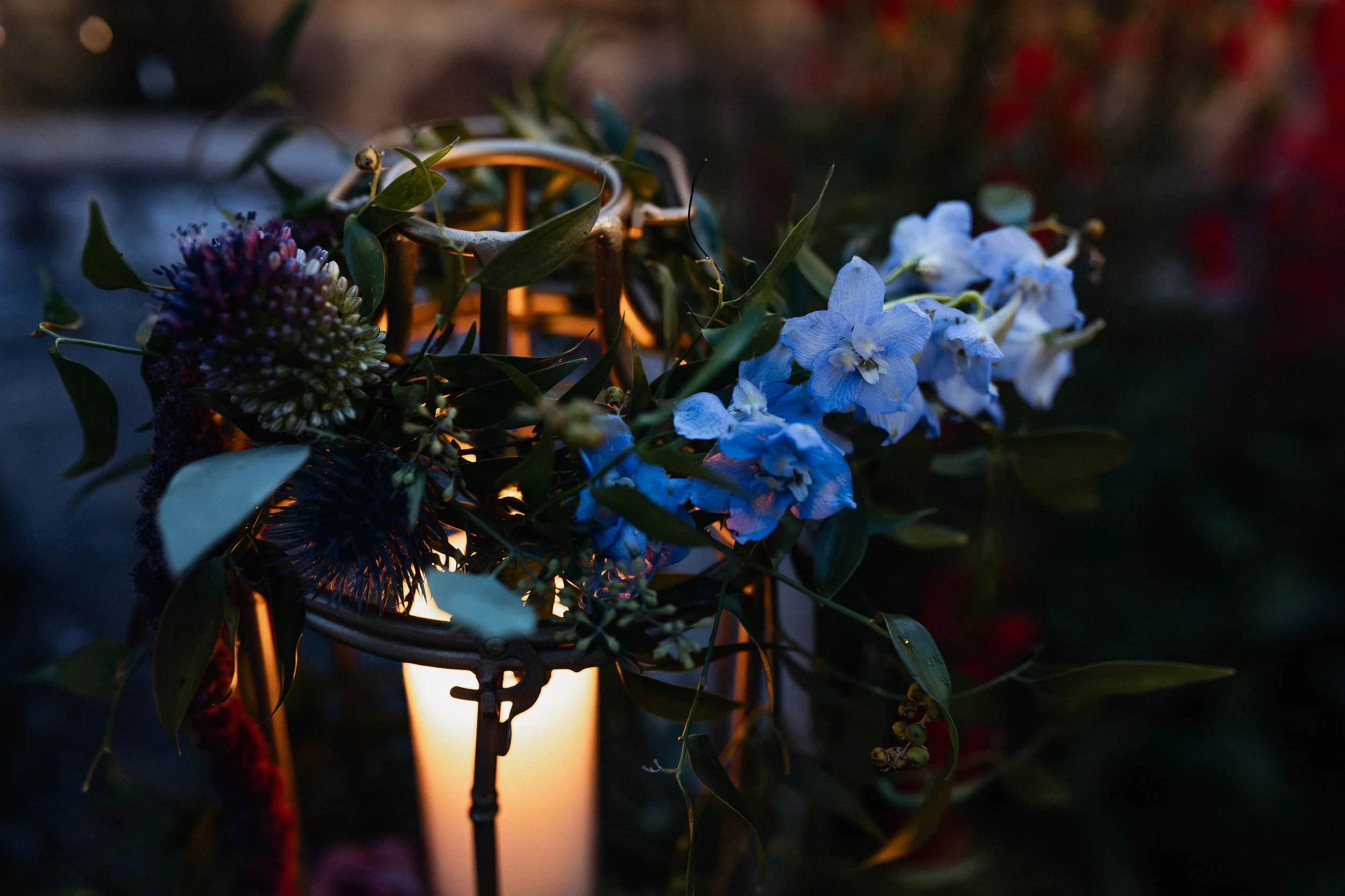 Flowers illuminated by candlelight at dusk.