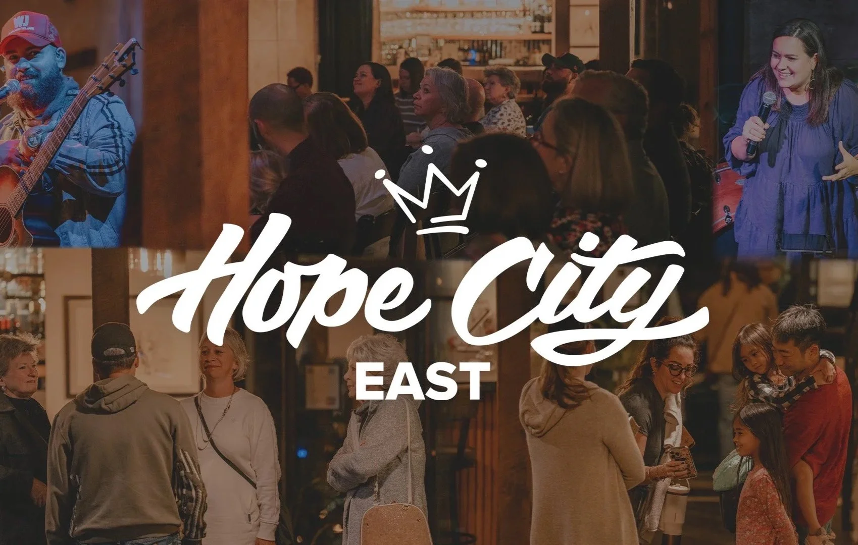 Collage of people enjoying a community event at Hope City East, including a man playing guitar, a woman singing into a microphone, and groups of people socializing indoors.