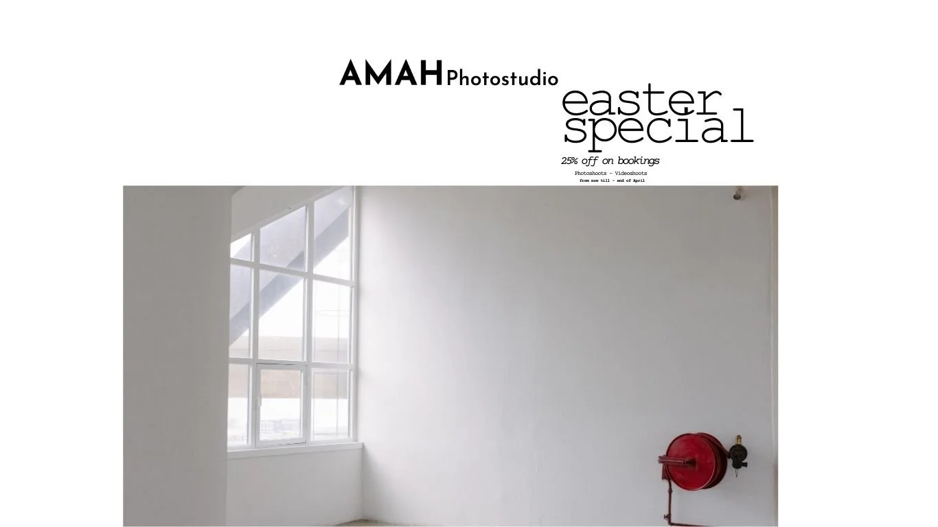 Enjoy our special easter discount when you book from now till the end of April.

Studio hours - 8 hours

To book email bookings@amah.studio or via WhatsApp at +234 808 932 6337

Book us now!