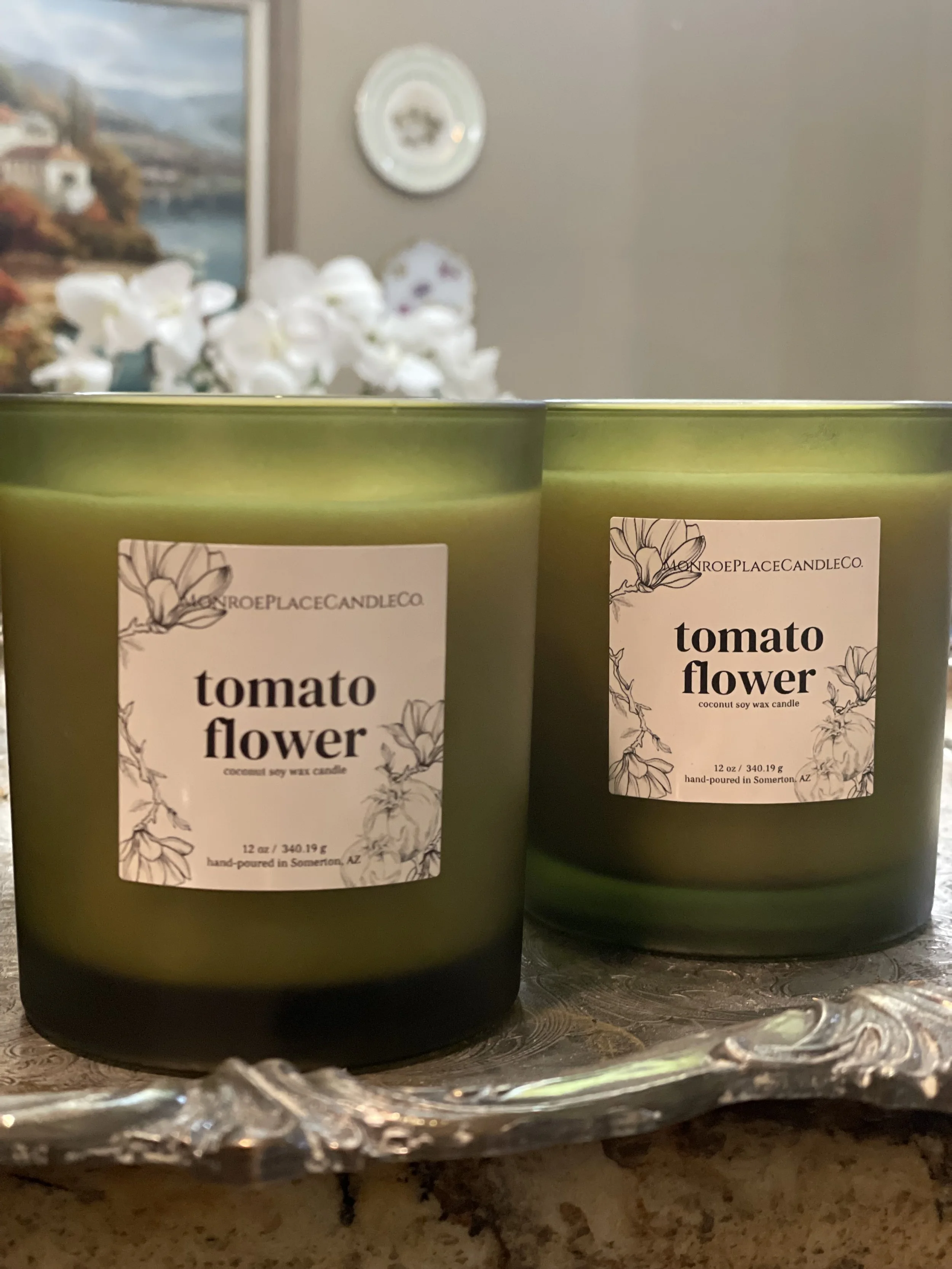 tomato flower, frosted emerald jar, double wick candle