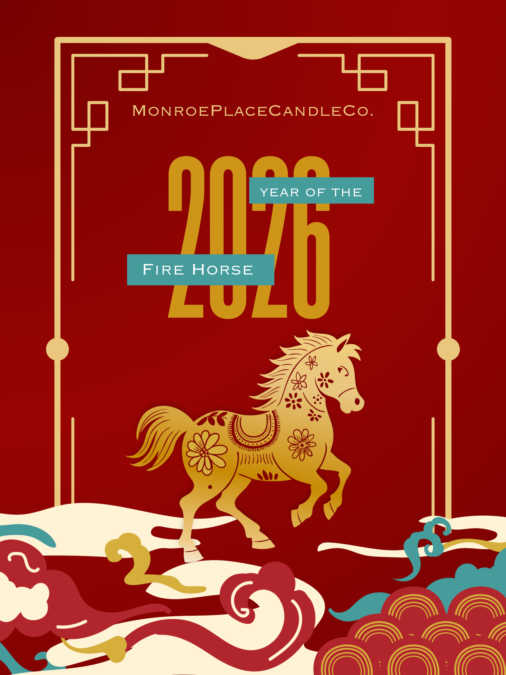 2026 year of the fire horse, image of a horse in gold, burgundy background, accents depicting the wind in teal gold and burgundy