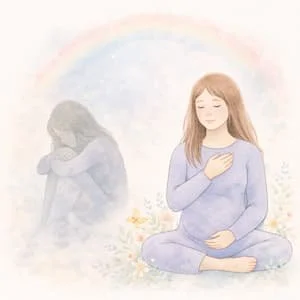 Watercolour pastel illustration of a woman looking thoughtful and supported, representing the journey from fear to healing after birth trauma