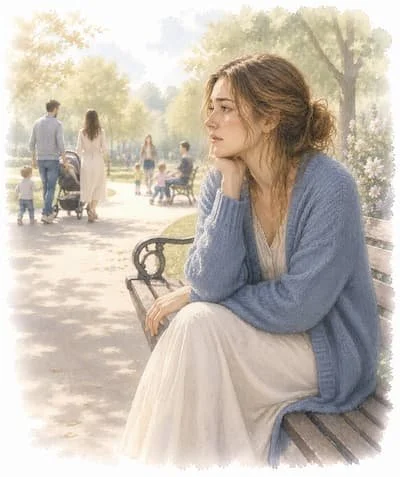 Watercolour illustration of a woman sitting alone on a park bench watching families with children and prams, looking thoughtful and conflicted, representing the fear of trying for a baby after loss or tokophobia by Aleksandra Balazy-Knas.