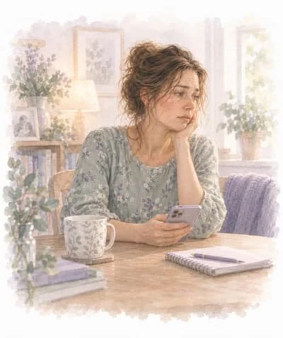Illustration of women sitting quietly after the phone call with a flat expression after birth debrief that didn't help and still feeling effects of birth trauma. Created for Unscrewing Motherhood, Aleksandra Balazy-Knas, CBT and EMDR therapist.