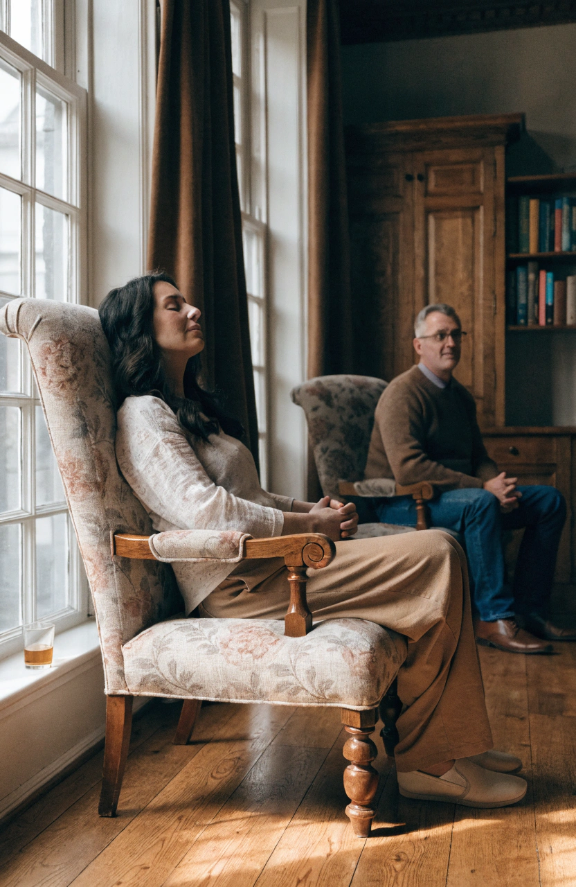 Couple sitting apart in matching armchairs in a cozy living room, lit by soft natural window light, with blurred faces to protect privacy and warm wooden floors, curtains, and bookcase in the background.