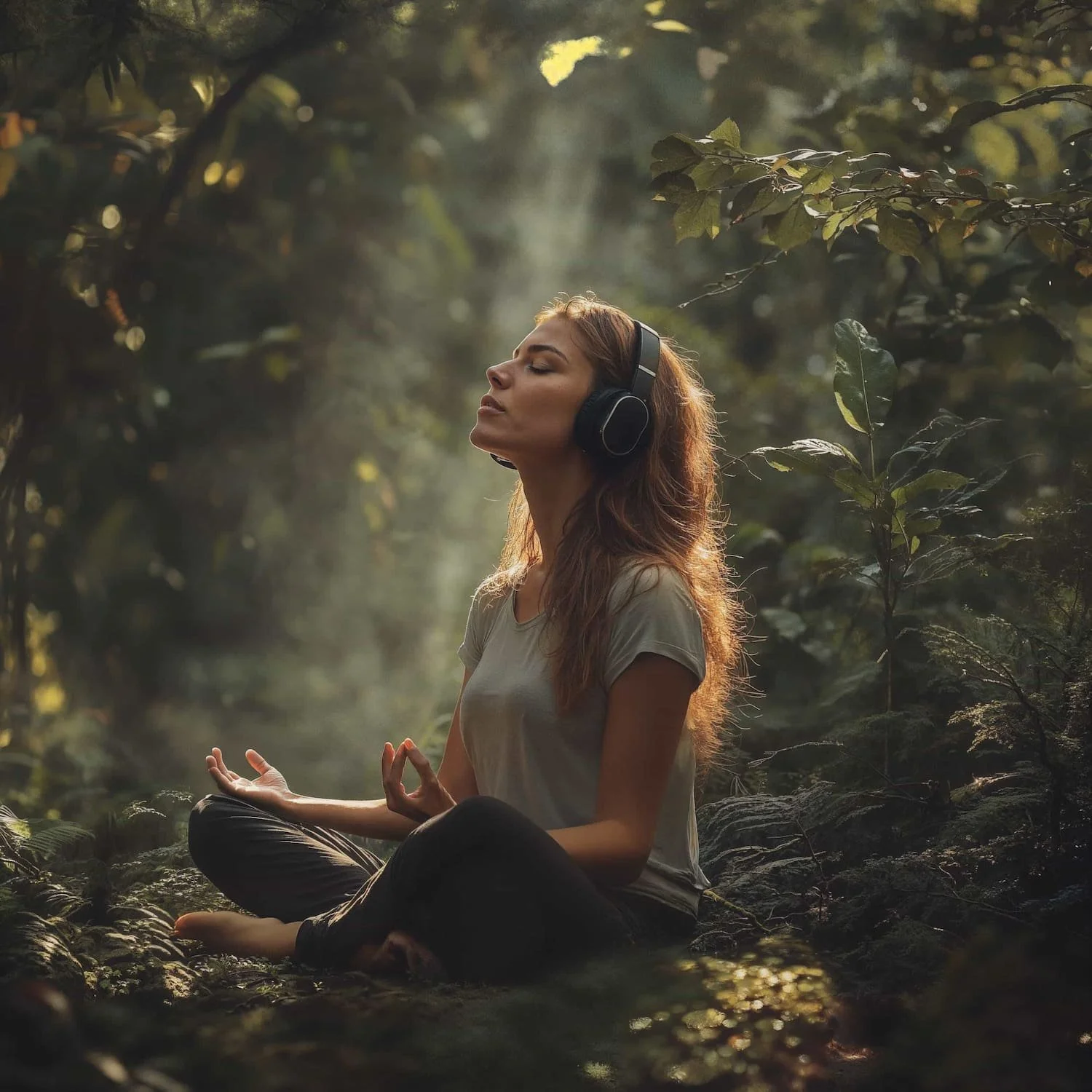Woman meditating in a forest wearing headphones, with sunlight filtering through the trees.