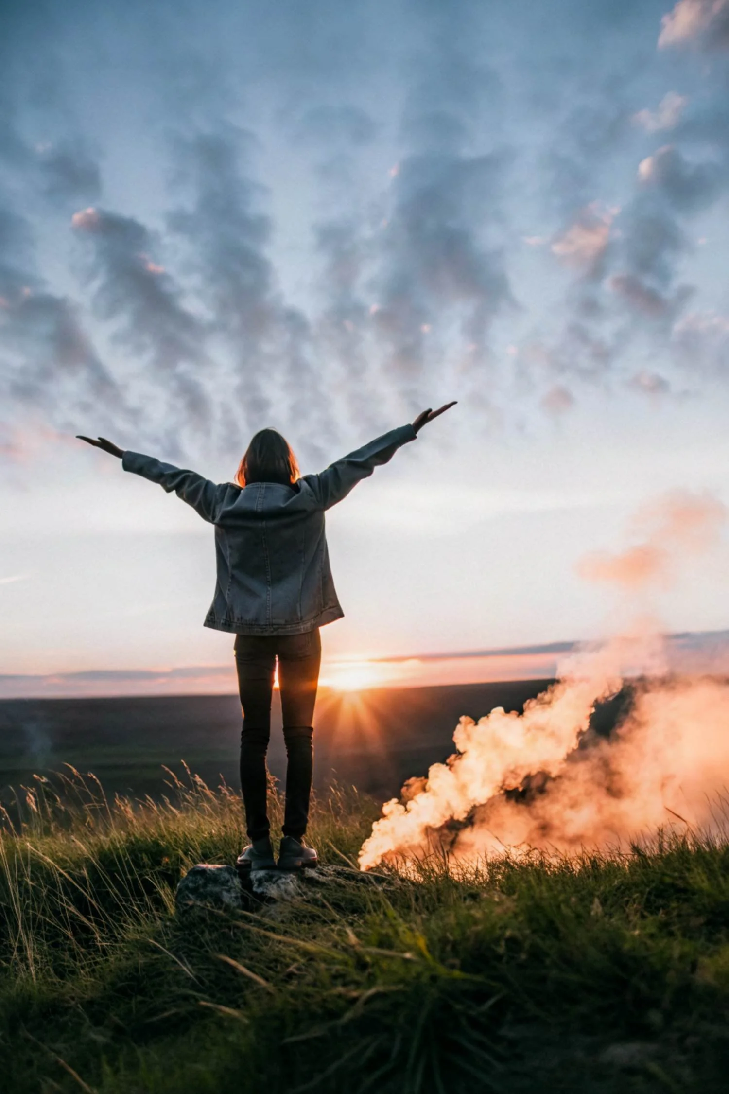 Person standing on grassy hill with arms outstretched at sunrise, overlooking scenic landscape and colorful sky with smoke in the foreground, representing freedom and adventure.
