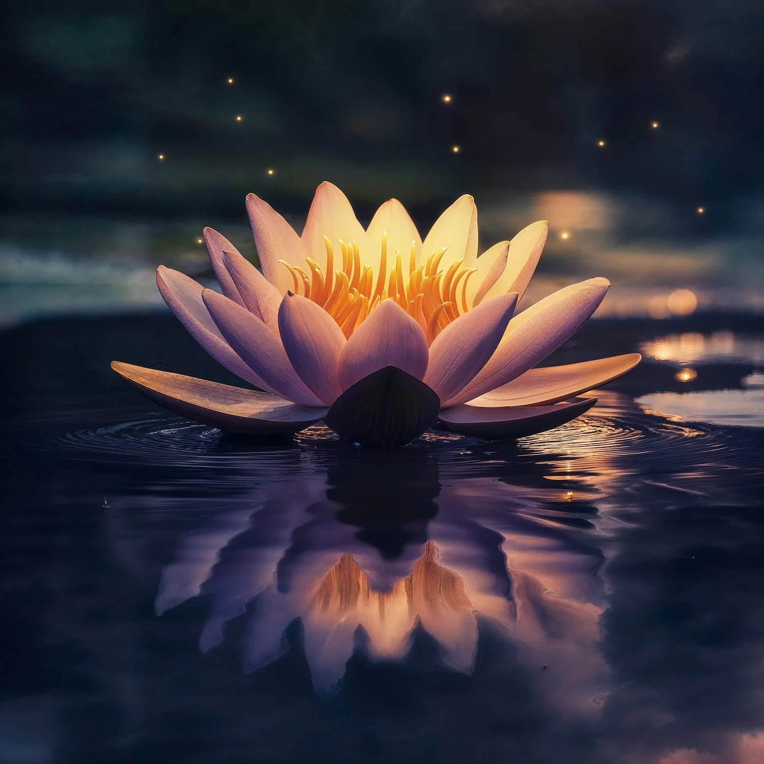 A glowing lotus flower on a dark, reflective water surface at night with small light orbs floating above.