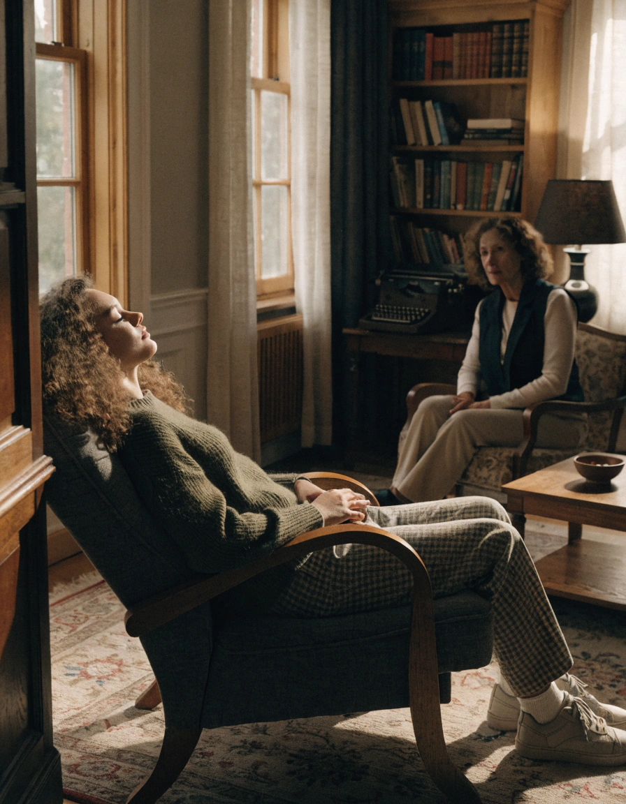 Two people sit in armchairs having a quiet conversation in a cozy living room with bookshelves, a patterned rug, and warm natural light from tall windows, with faces blurred for privacy.