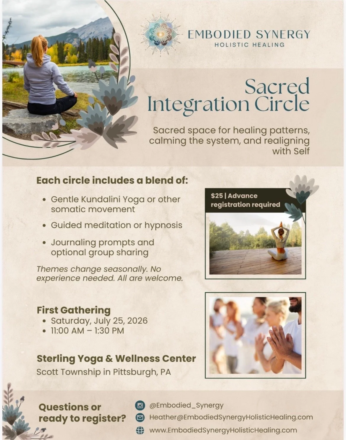 Flyer for Sacred Integration Circle event, featuring a person meditating outdoors with mountains and trees in the background, with details about the event, activities, date, time, location, and registration information.